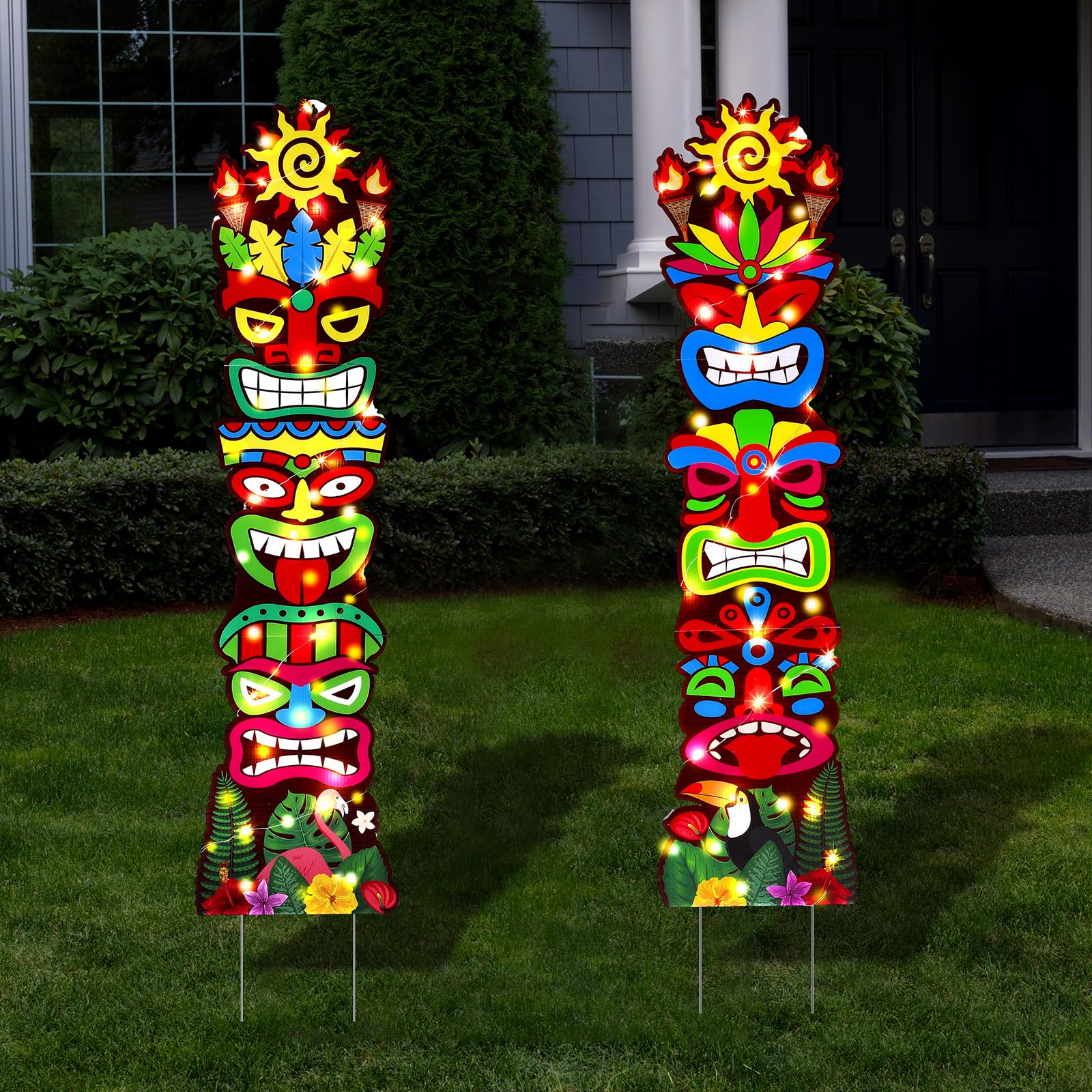 Queekay 2 Pcs Tiki Yard Sign Luau Hawaiian Tropical Party Decoration Outdoor Tiki Bar Sign with Stakes for Summer(Lighted Style)