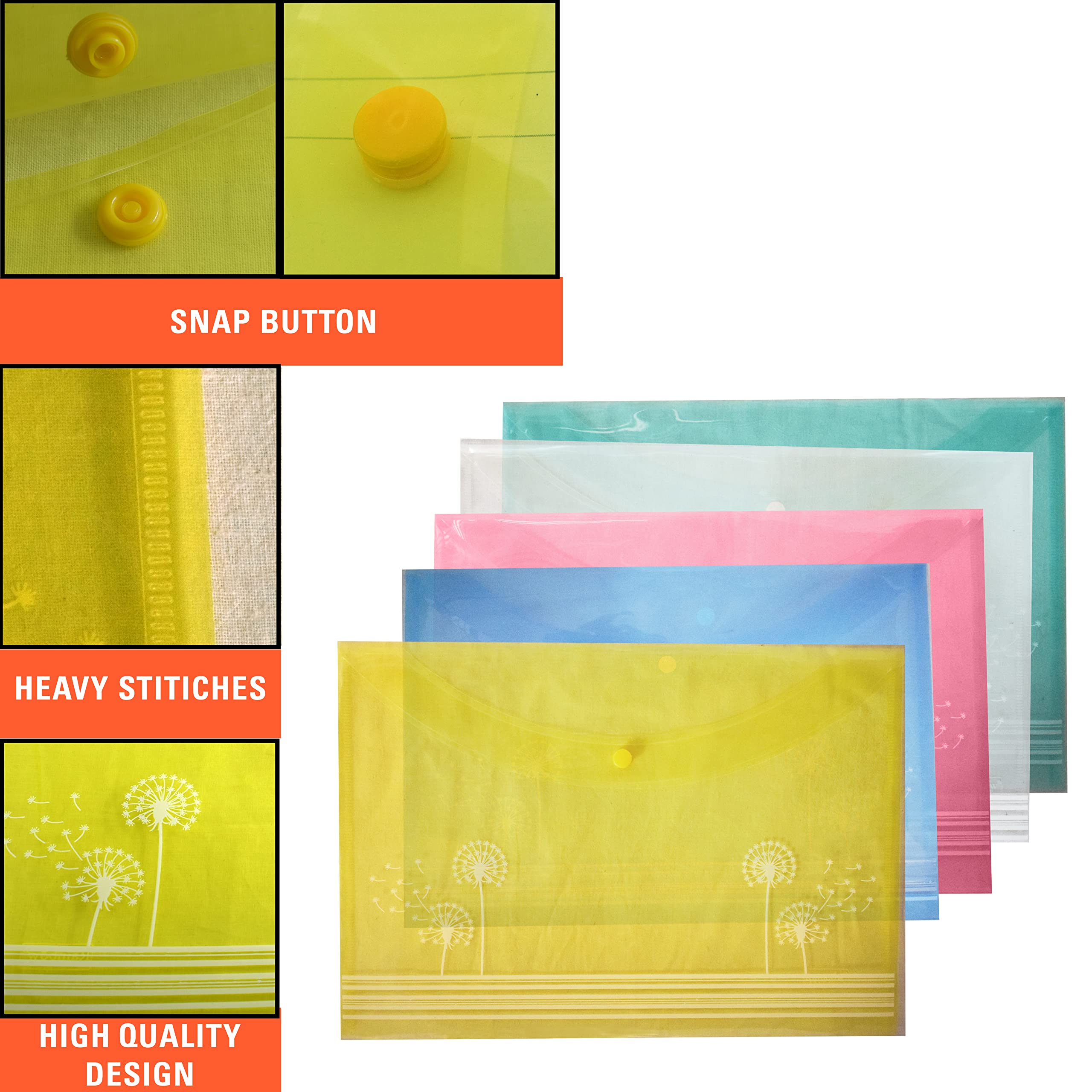 Shuban A4 Document File Folder with Button Lock | Office File Organizer for Certificates, Reports & Papers | Lightweight & Waterproof(Style-2-Floral Dandelion Design Folder-20Pcs-Mix Color) 2