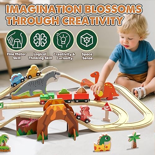 Miniatura 3 de Lehoo Castle Juego de tren de madera, juego de pista de tren de madera de dinosaurio, juego de tren de juguete de madera para niños pequeños de 2 a