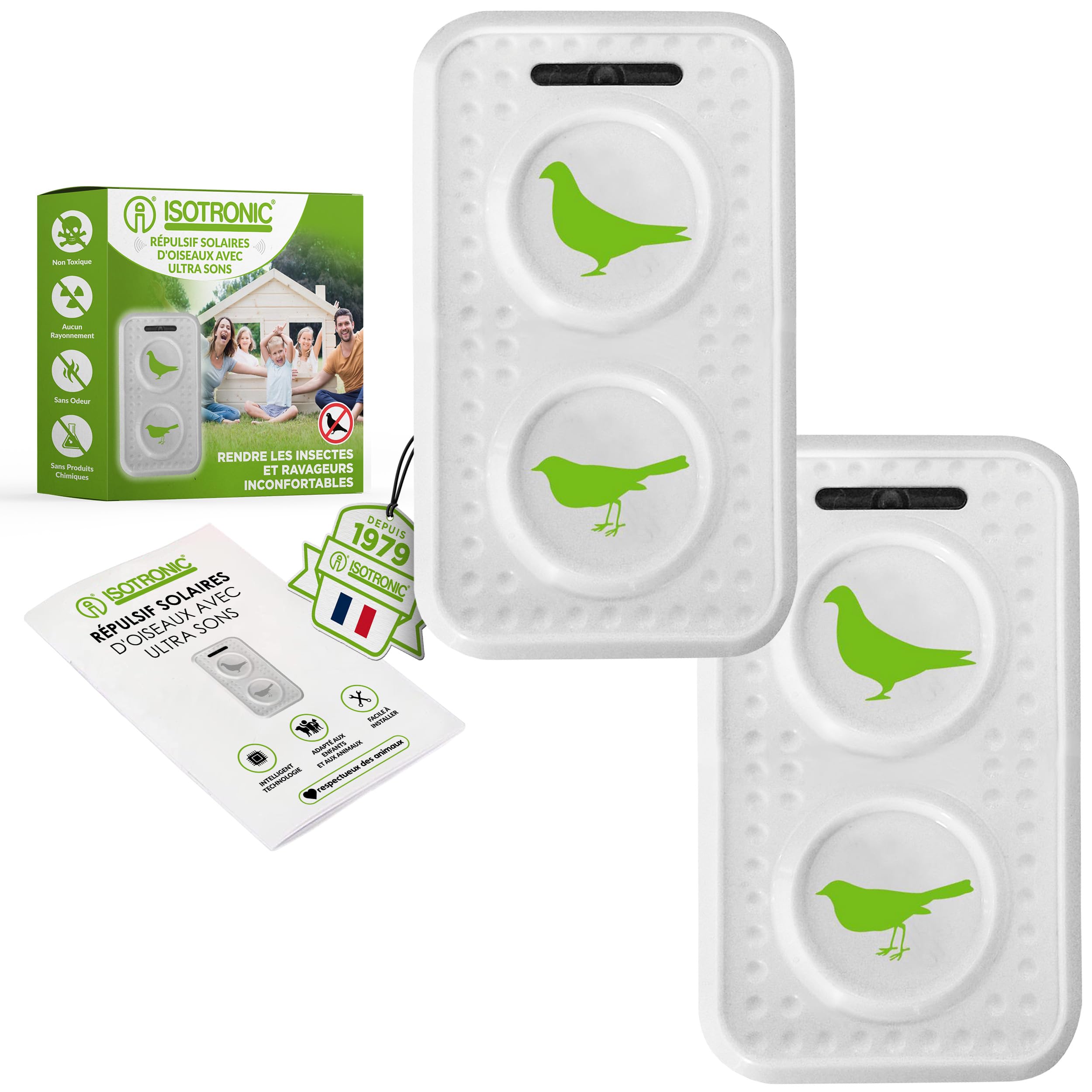 ISOTRONIC Répulsif ultrasons Oiseaux et Pigeons – À Piles pour Balcon, Toit et Jardin – Éloigne moineaux, goélands et Corbeaux – Portée 50 m² – Lot de 2 unités pour Une Protection Efficace et Mobile