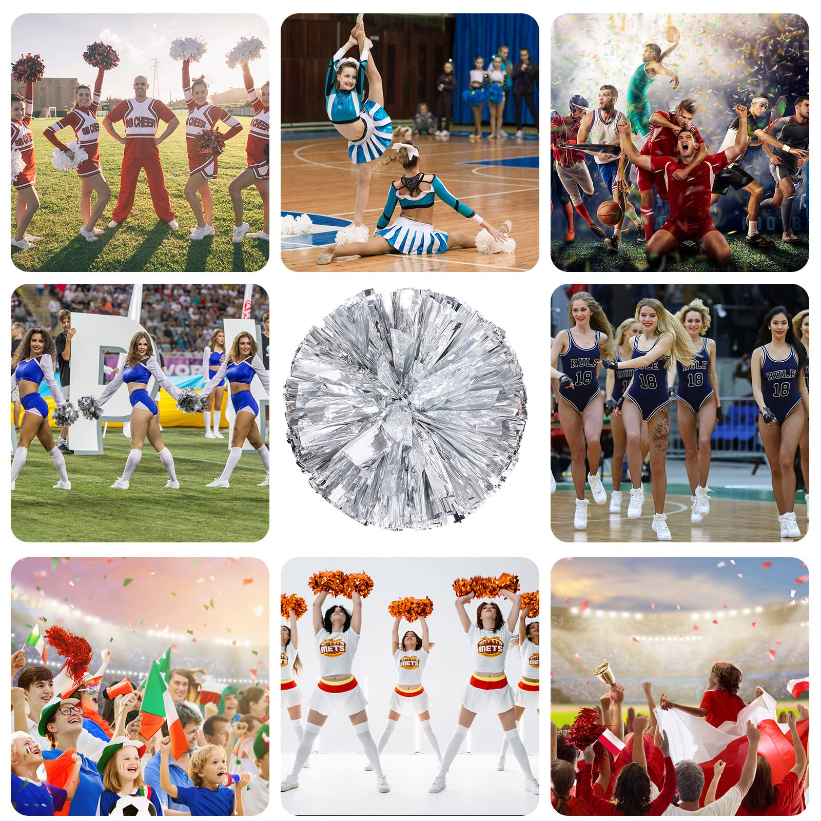 YUANZ Pompons de Sport, Cheerleading Pom Poms, Premium Metallic Pom Poms Set Cheering Hand Flowers Handle Dance Pom Poms Cheer Squad Pompoms for Football Basketball Cheers