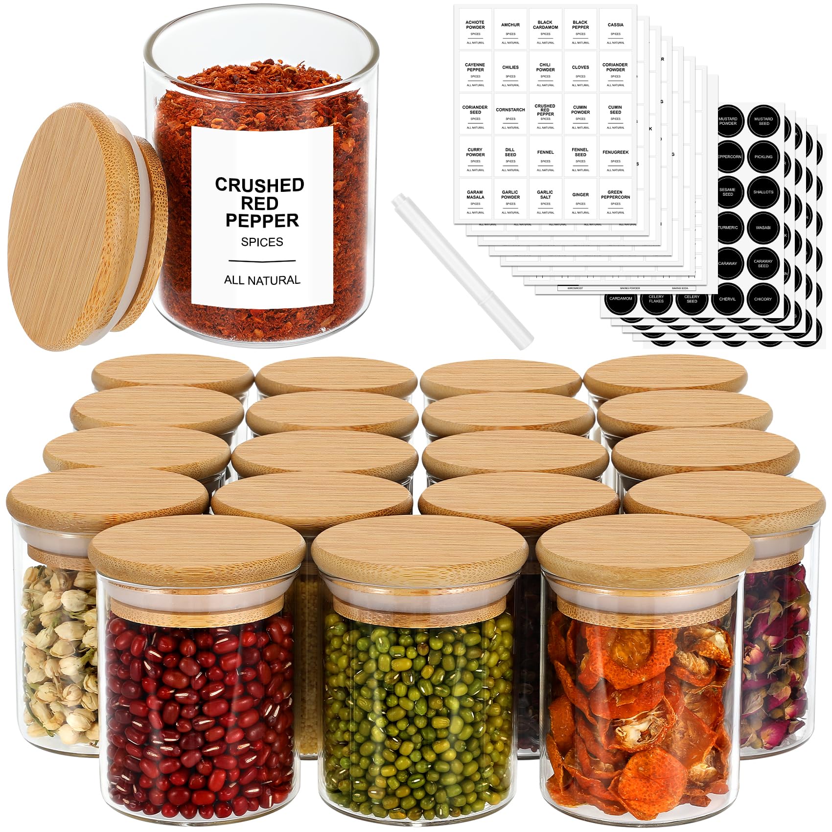 EgticHome Gewürzgläser aus Glas mit Bambusdeckel und 315 Etiketten, transparent, für Küche, Zucker, Salz, Kaffee, Tee, Bohnen, 118 ml, 20 Stück