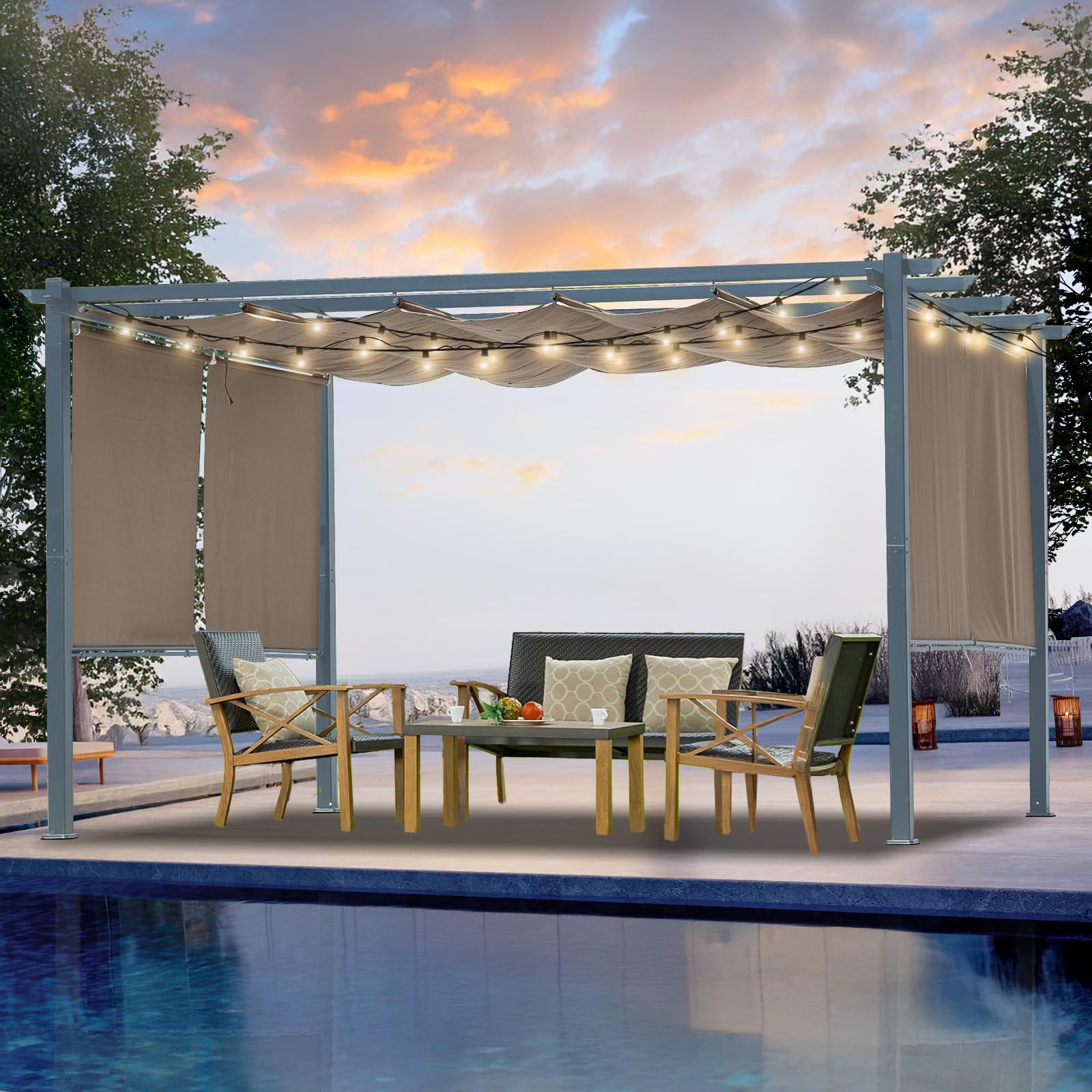 Masyardi 10 x 13 Ft Outdoor Aluminum Pergola, Retractable Canopy & 2 Sides Shades for Patio Backyard Garden Deck