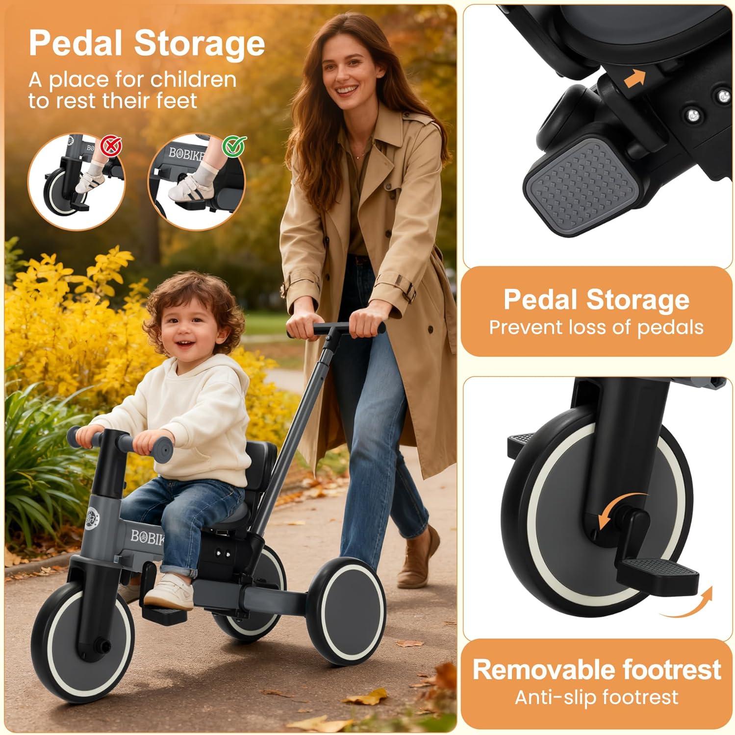 Toddler Bike with Push Handle,Tricycles for 1 to 3 Years Old, Toddler Tricycle with Push Handle for Boy Girl, Baby Balance Bike with Adjustable Seat Height and Removable Pedal (Black)