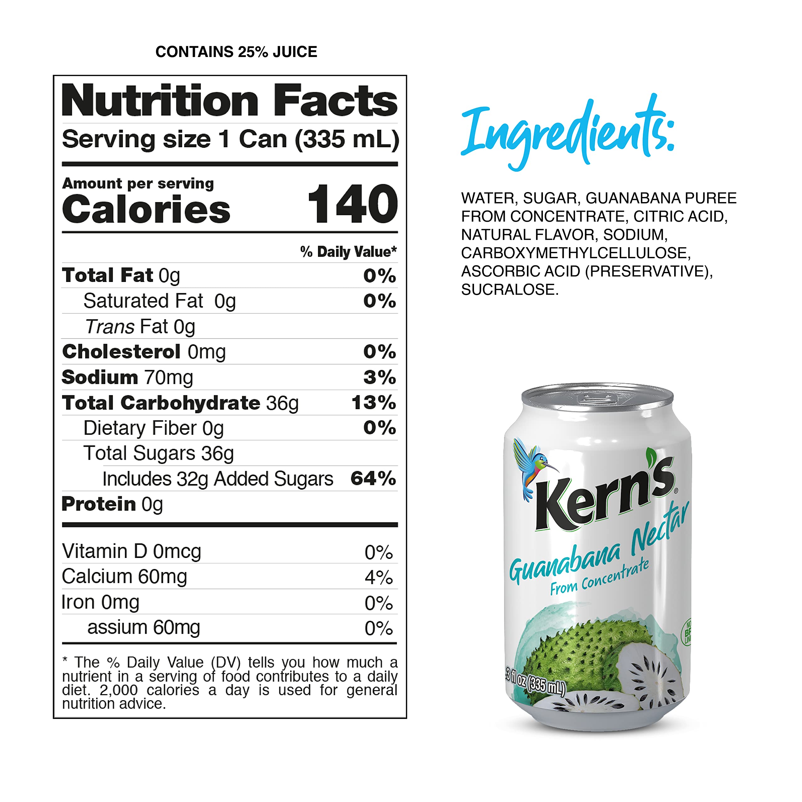 Kern’s Soursop Juice Nectar - Made with Guanabana Fruit Puree - Guanabana Juice Concentrate for Tropical Fruit Smoothie Mix, Cocktail Mixers & Kids Drinks & Beverages - 11.3oz, 24 Pack Canned Drinks