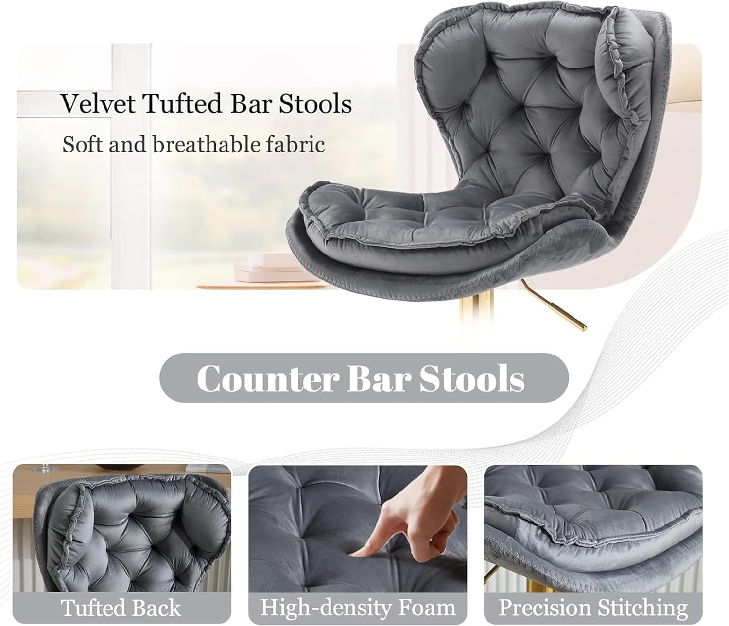 Swivel Bar Stools Set of 2,Modern Velvet Counter Height Adjustable Stools,360 Degree Tufted Bar Chairs Bar Stool with Back & Gold Metal Base for Kitchen Island,Pub,Cafe,Grey