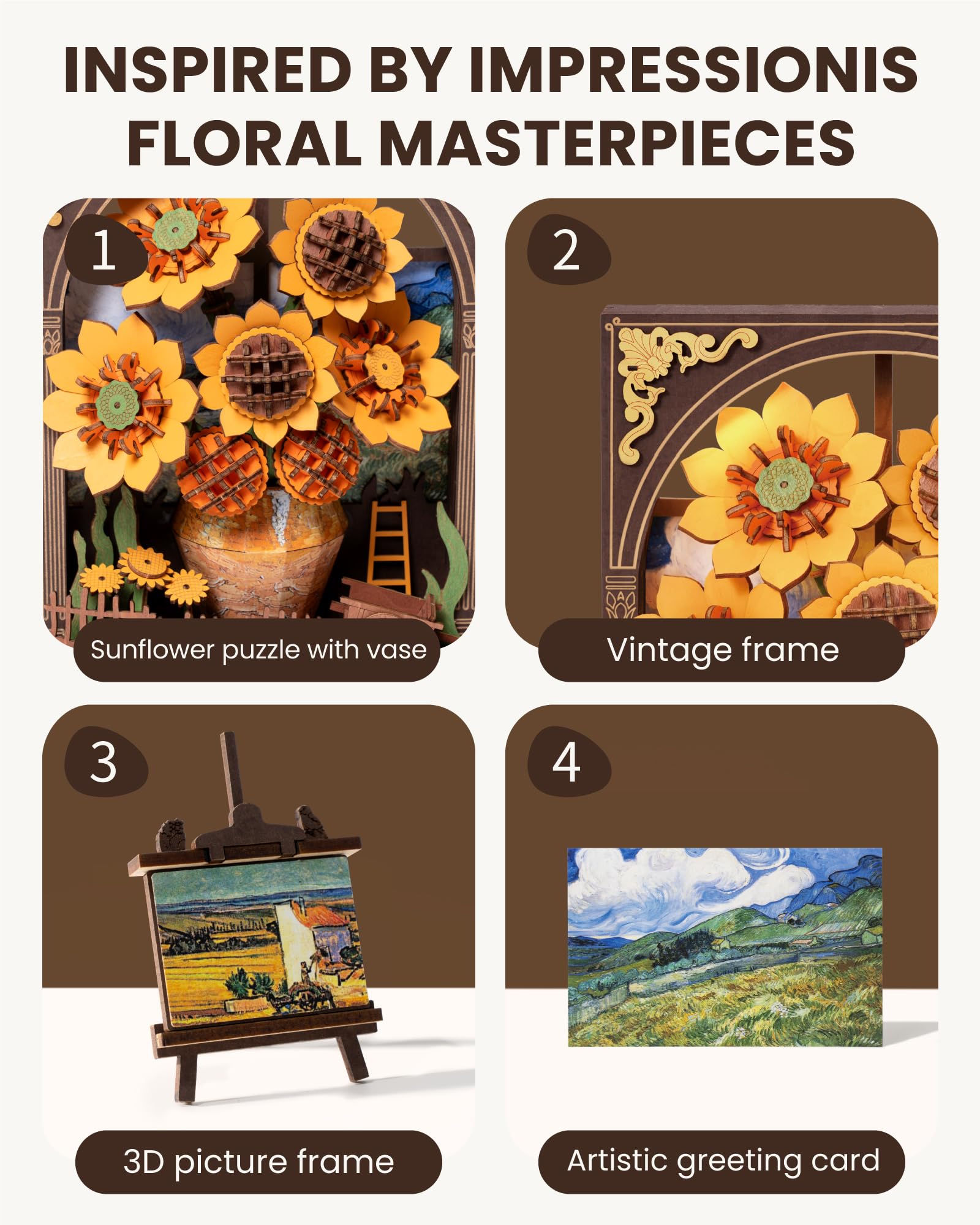 ROWOOD Drewniane puzzle 3D dla dorosłych i dzieci ze światłem LED, zestawy modeli kwiatów, wyświetlacz stołowy, sztuka ścienna, prezenty dla kobiet, mężczyzn, TH002, słonecznik
