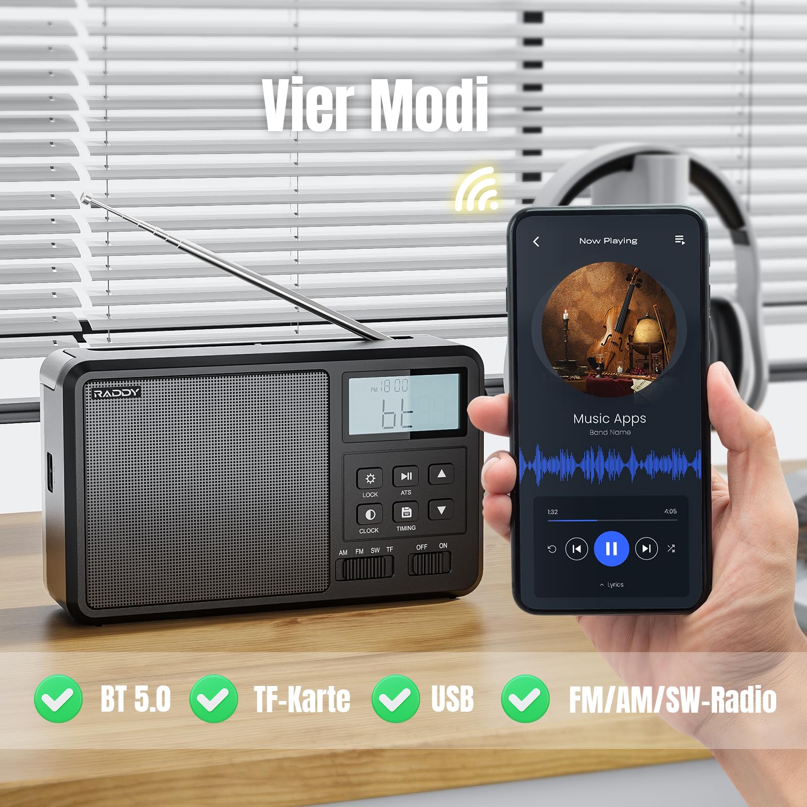 Raddy RF206 Tragbares Kurzwellenradio, Digitalradio, AM/FM-Empfänger, 8W-Lautsprecher, LCD-Display, Unterstützung für BT/TF-Karte/USB-Wiedergabe, AC/AA-Batteriebetriebenes Radio für Zuhause