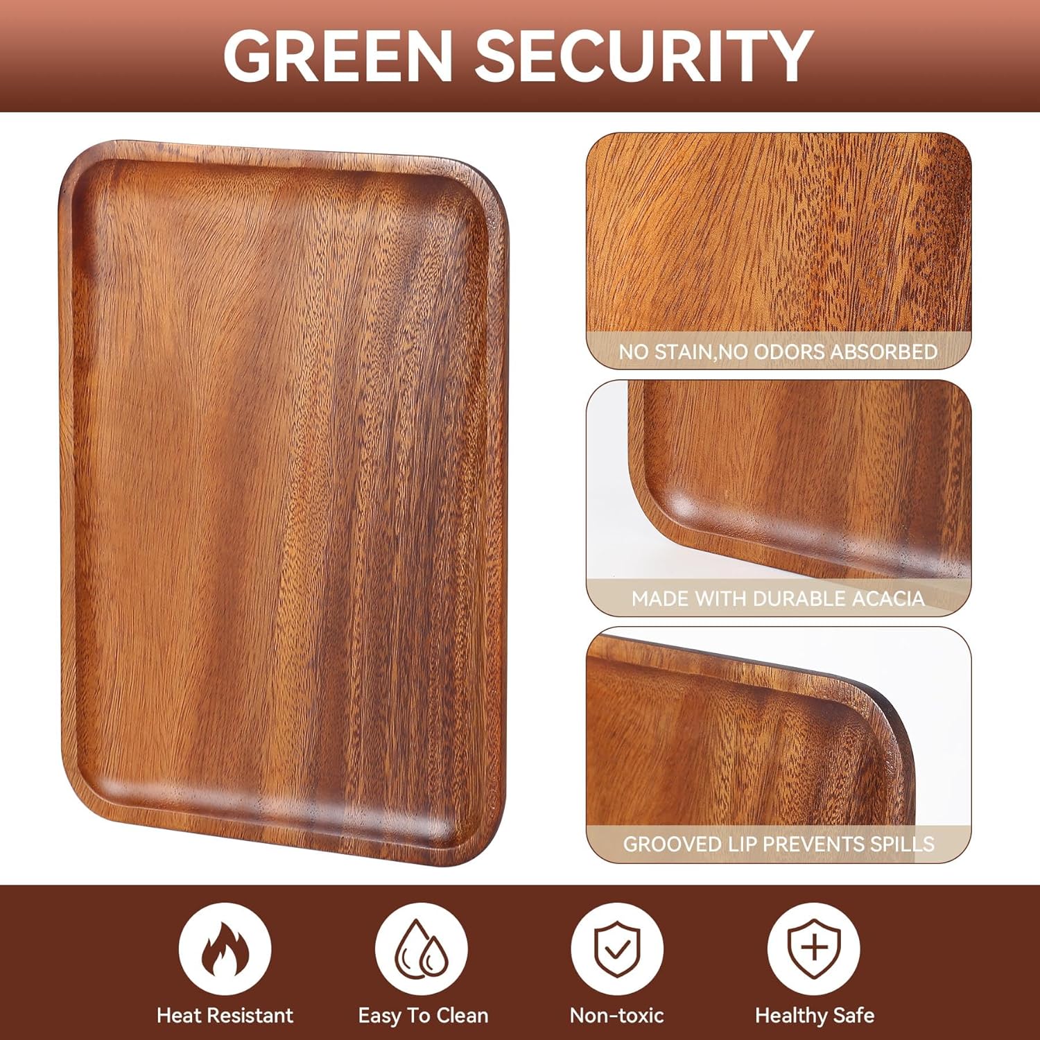 Acacia Wooden Serving Trays for Men Women, Whole Piece Sizes 14x10 inch Acacia Wood Valet Tray for Eating, Food, Large Wood Bed Tray, Coffee Table, Home Decor, Living Eating, Snacks, or Home Decor - Image 3