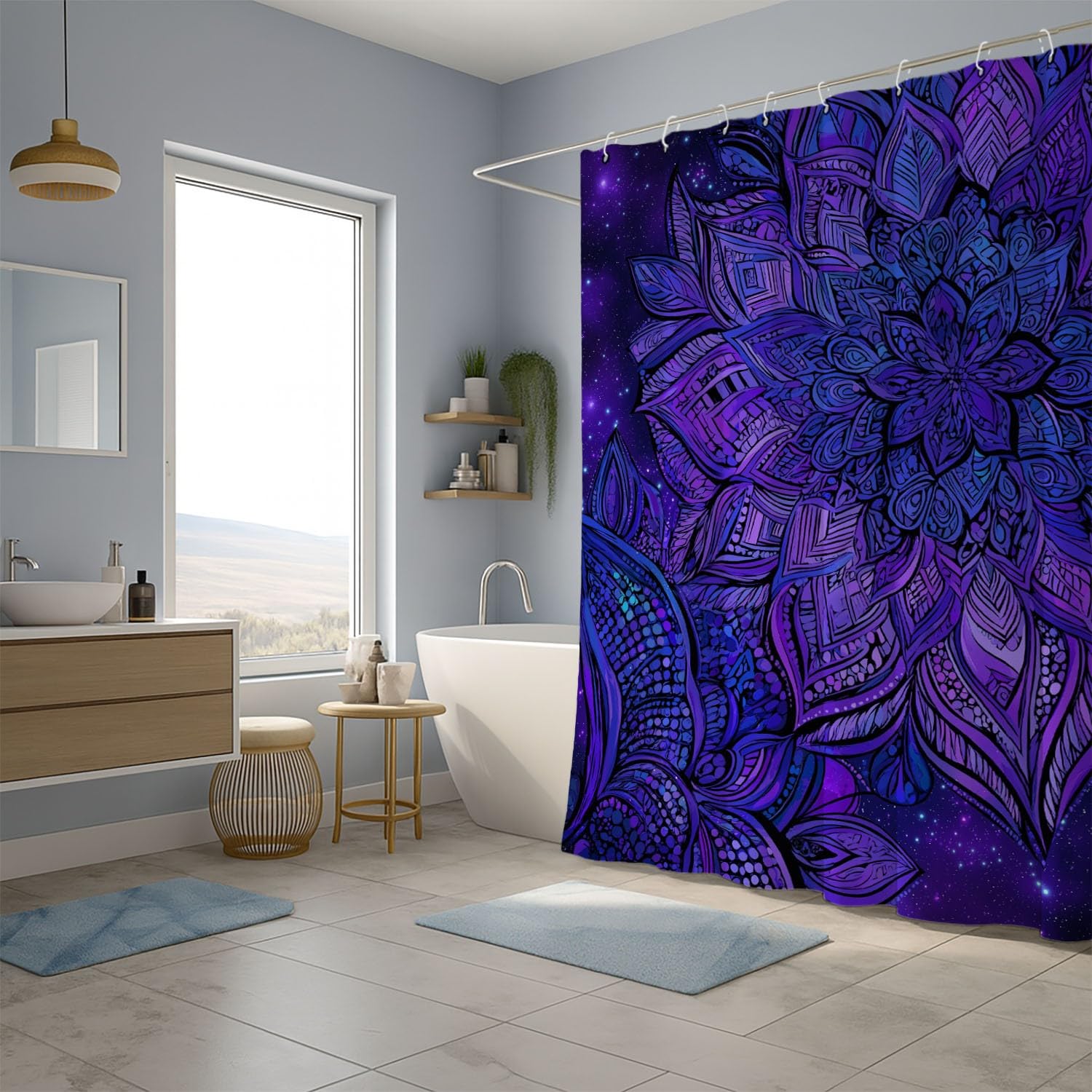 Zasłona prysznicowa 120 x 200 cm, 1 panel, miękka mikrofibra, wodoodporna i odporna na pleśń, nadaje się do prania, do łazienki, wanny, z oczkami i haczykami, ciemnoniebieska, delikatne płatki mandali