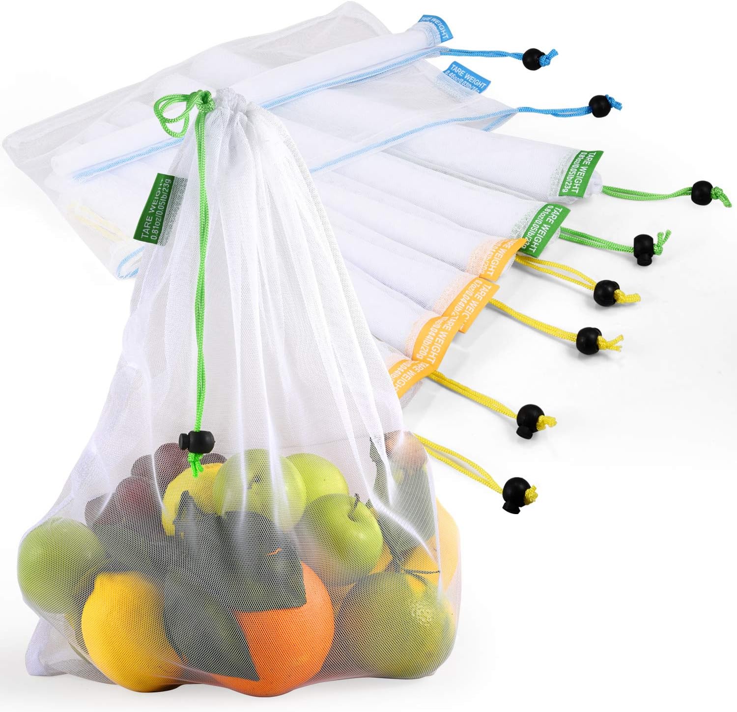 Reusable Produce Bags, Lavinrose Reusable Mesh Produce Bags with Drawstring & Tare Weight Tags, Durable Overlock-Stitched Strength, See-Through & Washable Storage Bags (Set of 9)