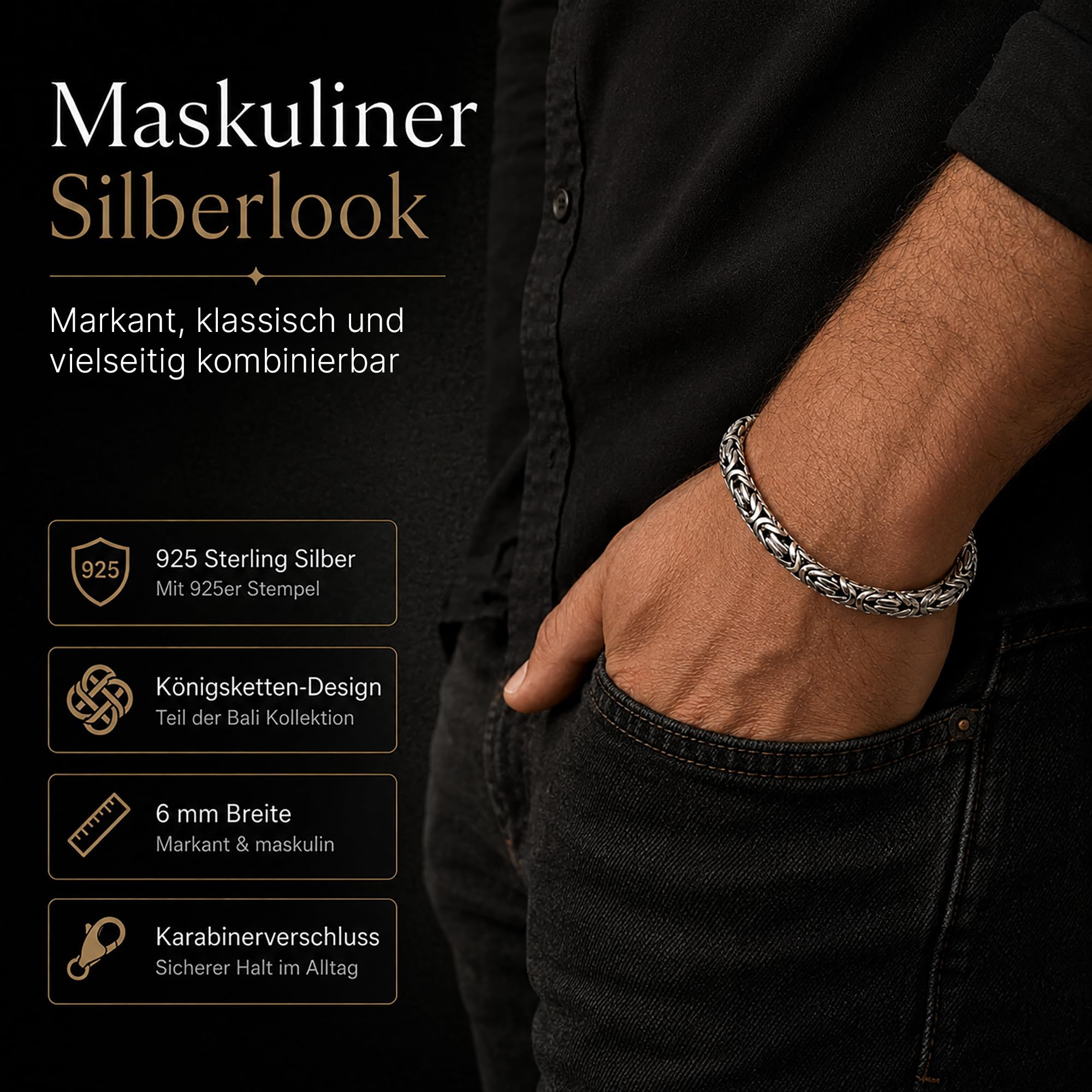 Königskette Armband 925 Silber Herren 6 mm handgefertigt 102094-0 | Massives 925er Sterling Silberarmband mit Schmuck Box Königsketten-Armband in den Längen 19 21 23 cm verfügbar