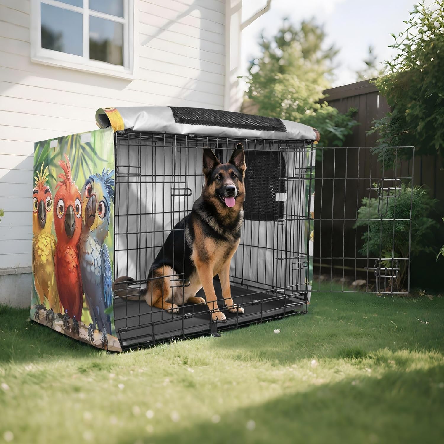 Cute Cartoon Parrots Painting Pet Cage Cover with Mesh Windows, Breathable Crate Cover, X-Large