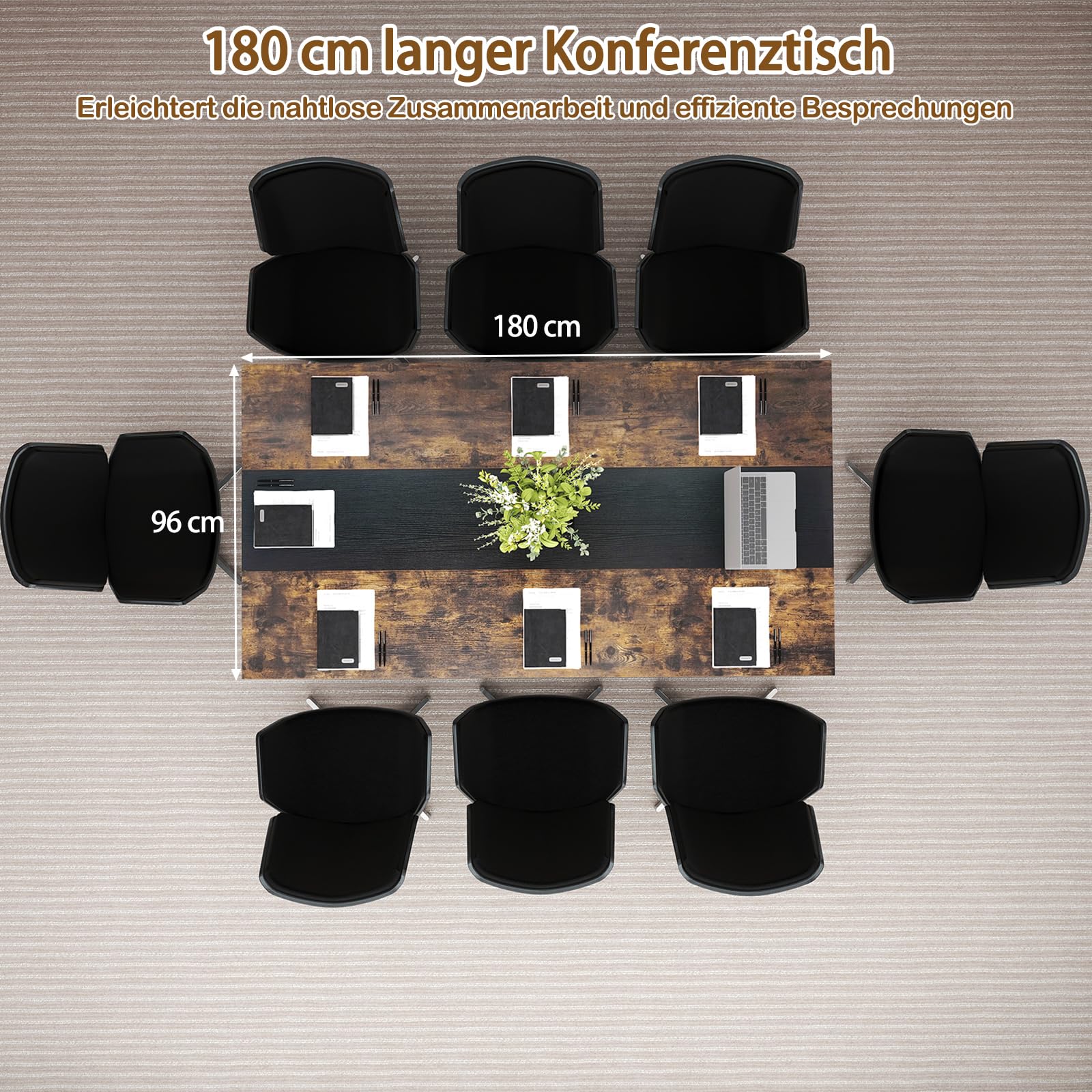 GYMAX Großer Konferenztisch 180 x 96 cm, Besprechungstisch für 6-8 Personen mit Kabeldurchlässen & Ablageregal, Meetingtisch für Geschäftstreffen, Konferenzraum & Büro
