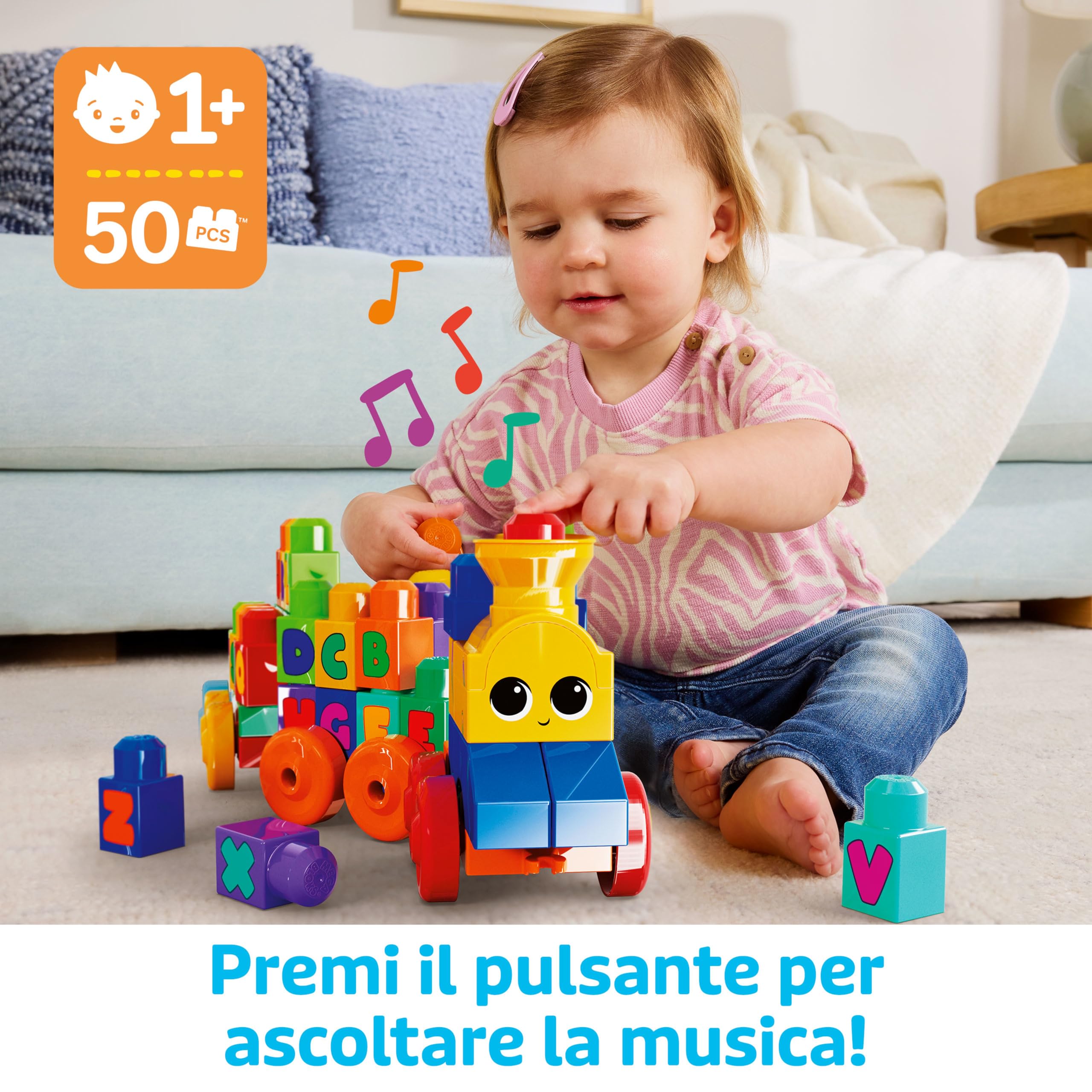 MEGA Bloks - Impara con il treno, trenino con blocchi dell'alfabeto per imparare le lettere e suoni realistici, Giocattolo per Bambini 1+ Anni, FWK22