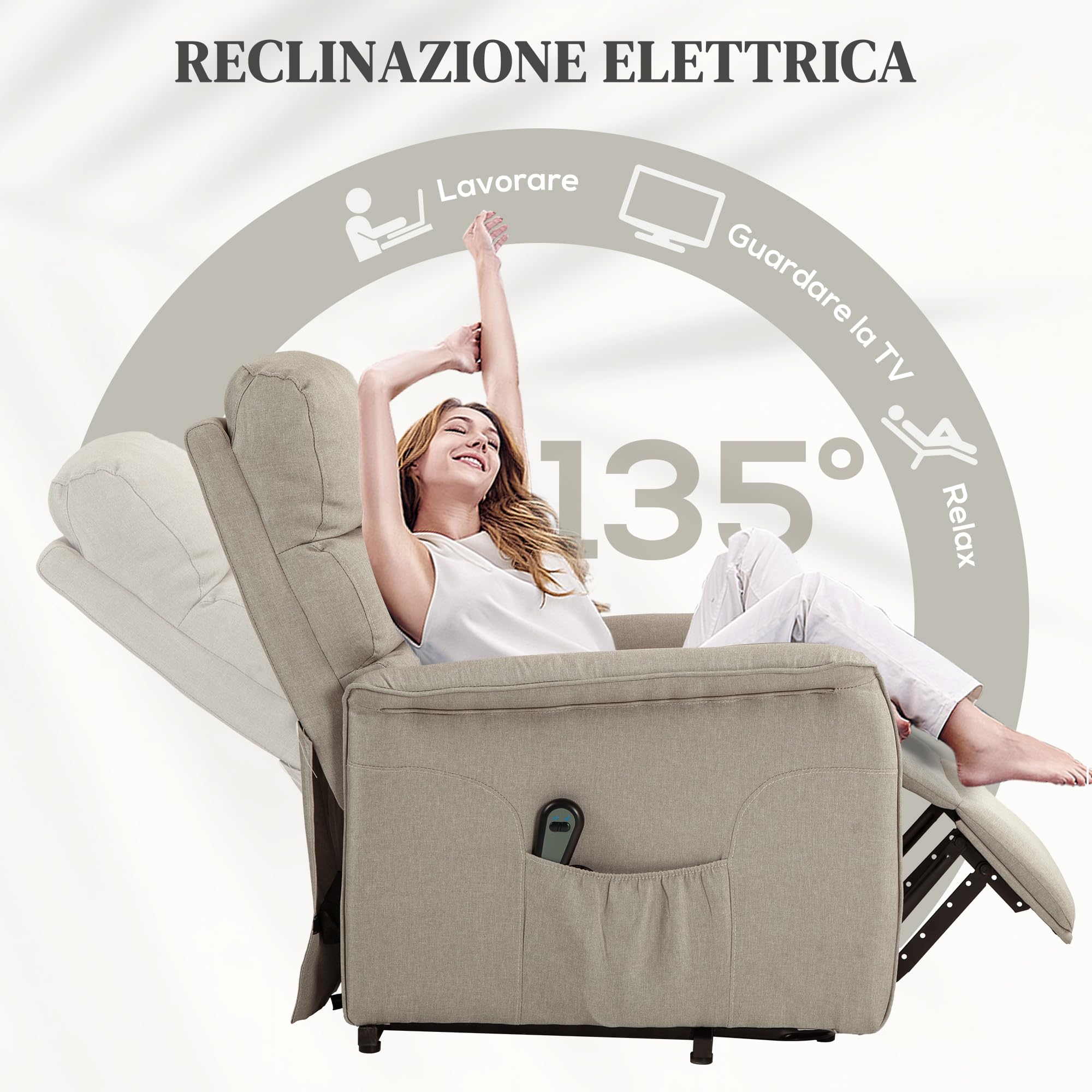 HOMCOM Poltrona Alzapersona Elettrica Reclinabile con Poggiapiedi, Poltrona Relax con Telecomando e Tasca, Beige
