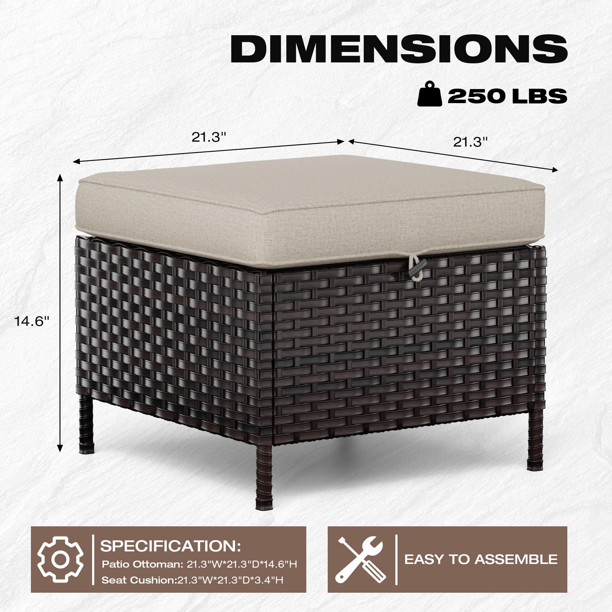 Joyside 2 Pieces Outdoor Patio Ottoman, All Weather Rattan Wicker Ottoman Seat, Patio Rattan Furniture, Outdoor Footrest Seat with Soft Cushion, Wicker Ottoman Seat for Patio, Garden, Poolside (Beige)