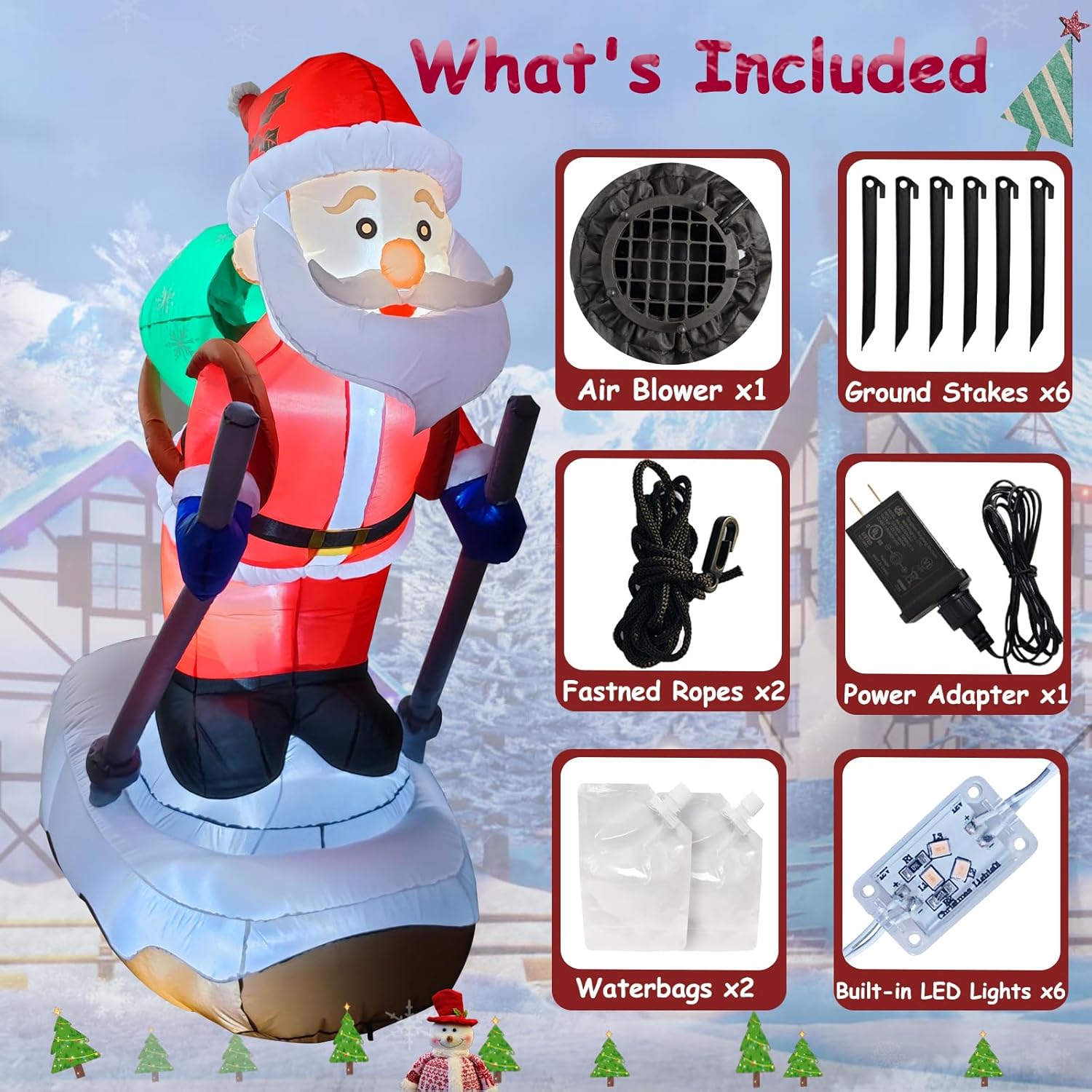 6.2FT Christmas Inflatable Santa Claus Outdoor Decoration, Built-in LED Lights Blow Up Skiing Santa Claus, Santa with Snowboard Inflatable Decor for Xmas Yard Outdoor Indoor Lawn Garden Party - Image 3