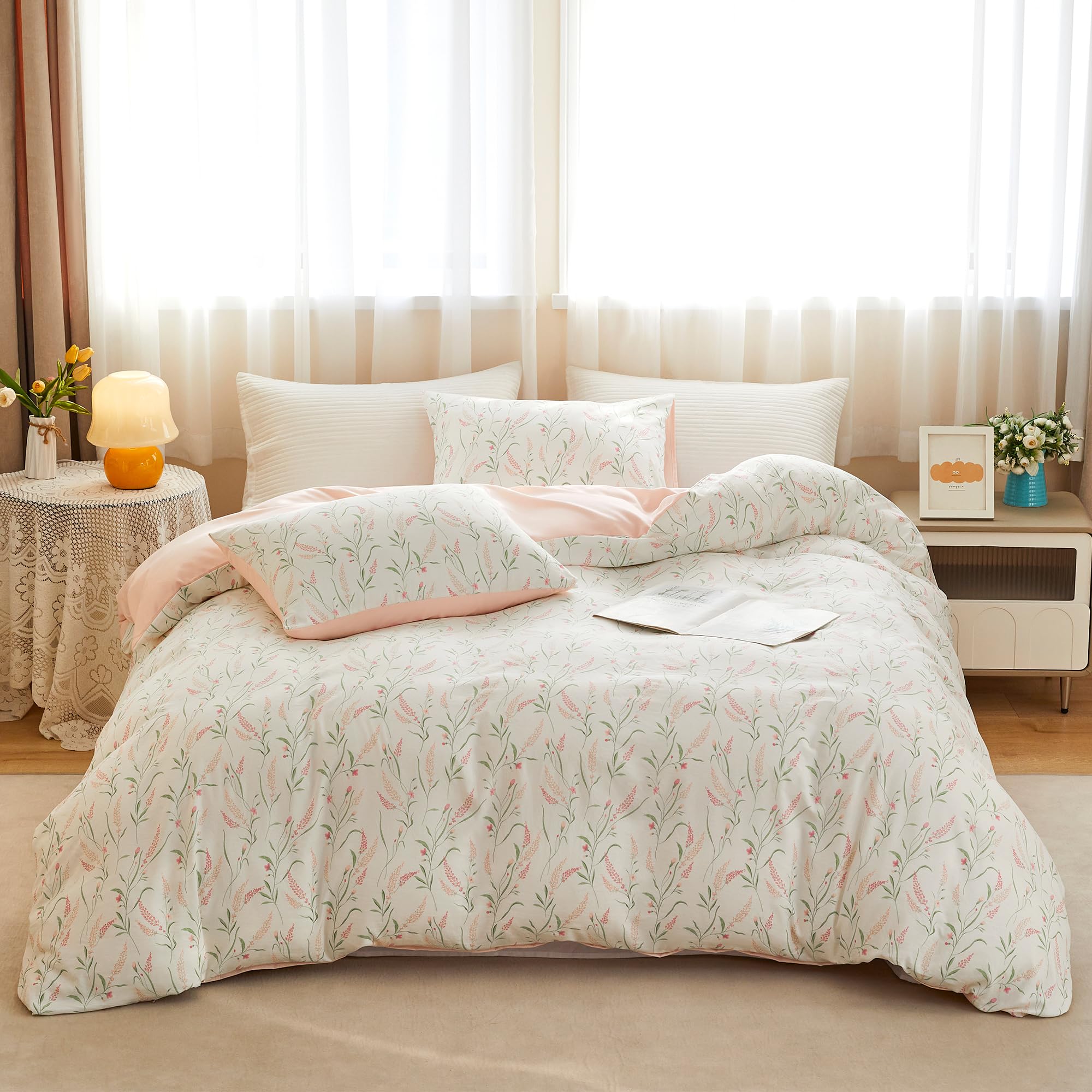 BOLINLIVING Pink Floral Duvet Cover Full Size, Reversible Botanical Spring Summer Duvet Cover Set with 2 Pillowcases, Breathable Soft Microfiber Bedding Set for All Season with Zipper Closure