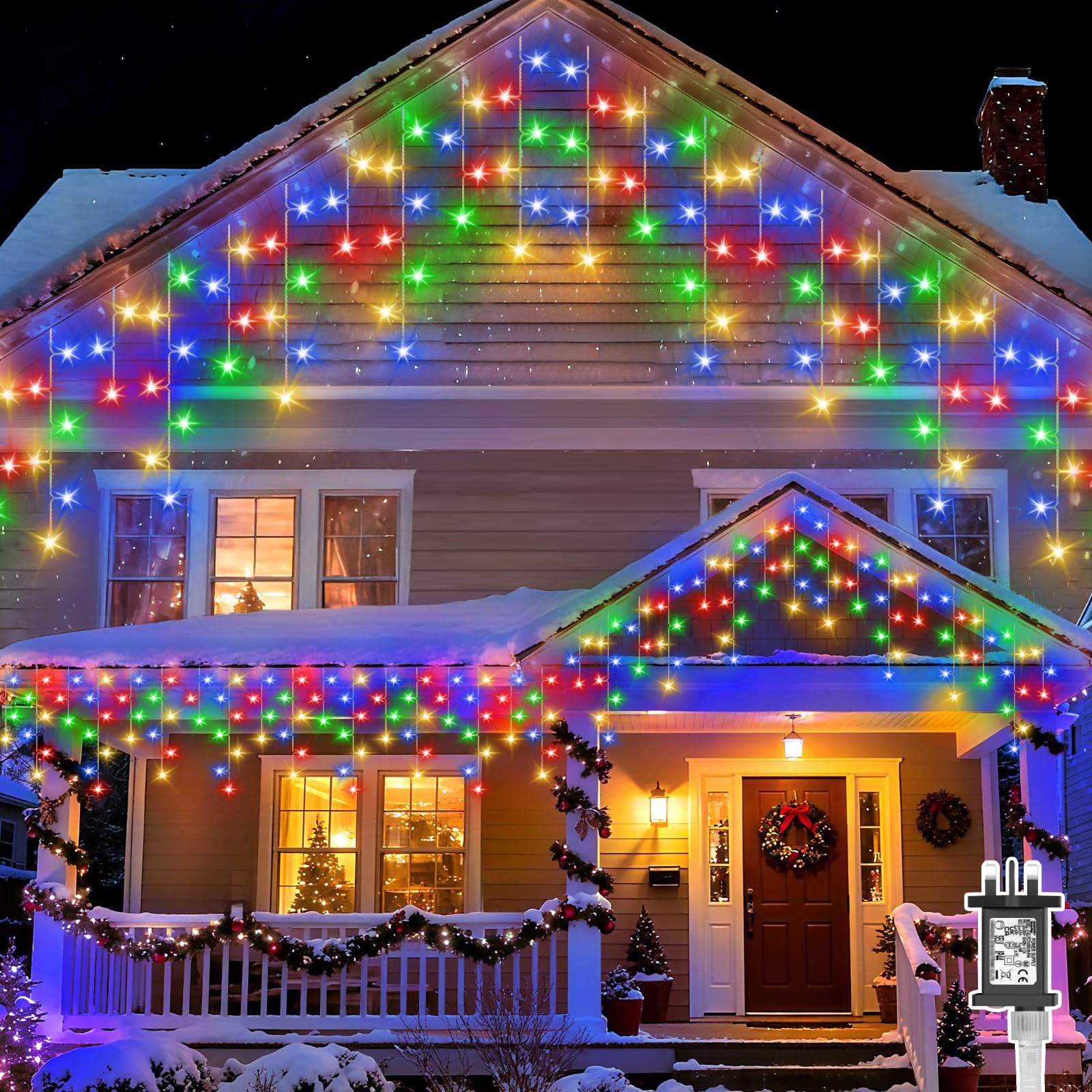 cshare Icicle Lights Outdoor, 20M 480LEDs Multicoloured Icicle Christmas Lights Mains Powered with Timer & Waterproof &Memory Hanging Fairy Light for Outside House Gutter Roof Wall Xmas Decorations