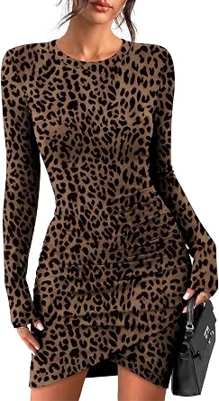 Ofeefan Leopard Print Dress for Women Fall Long Sleeve Bodycon Mini M