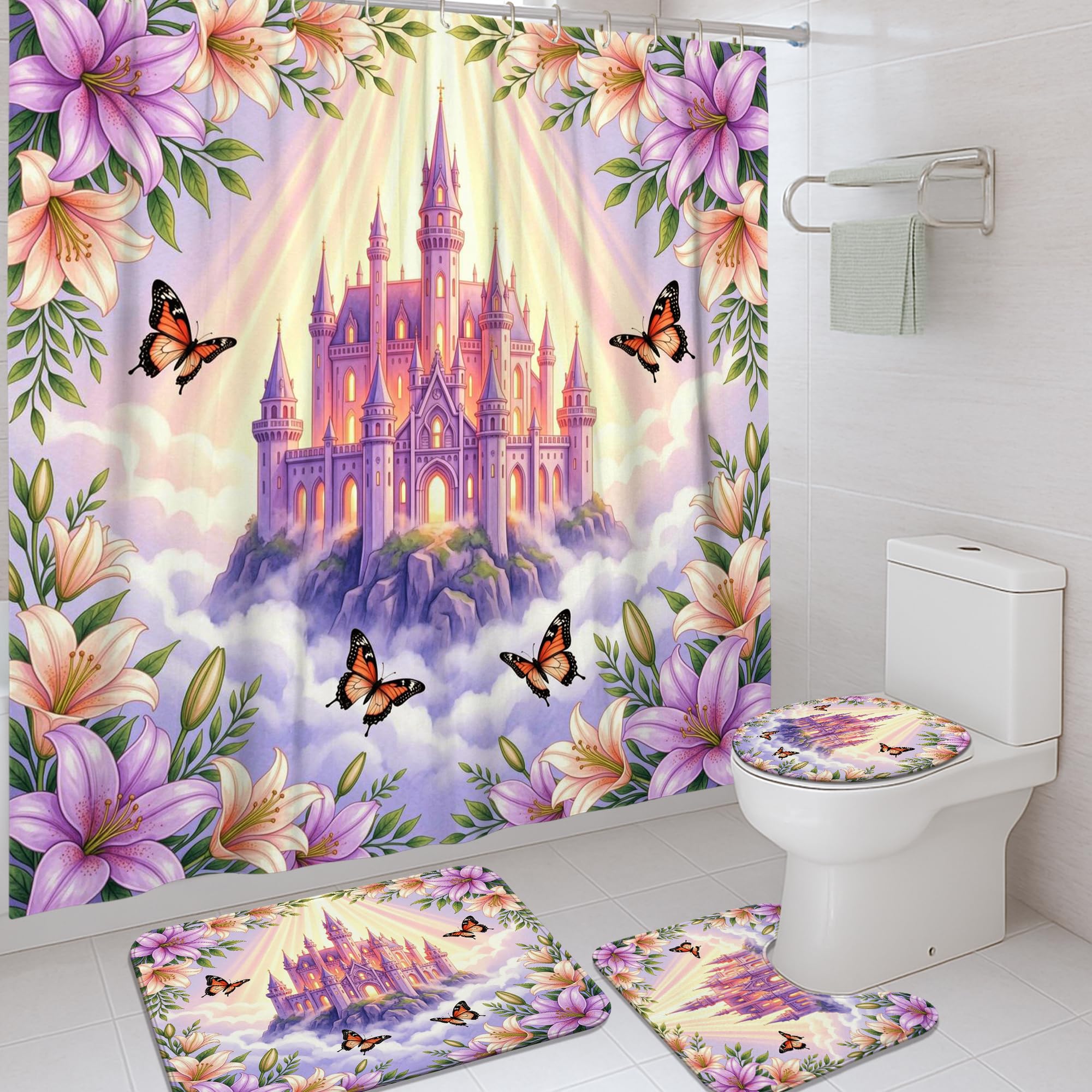 Rideau de douche violet avec tapis motif château 183x183 cm