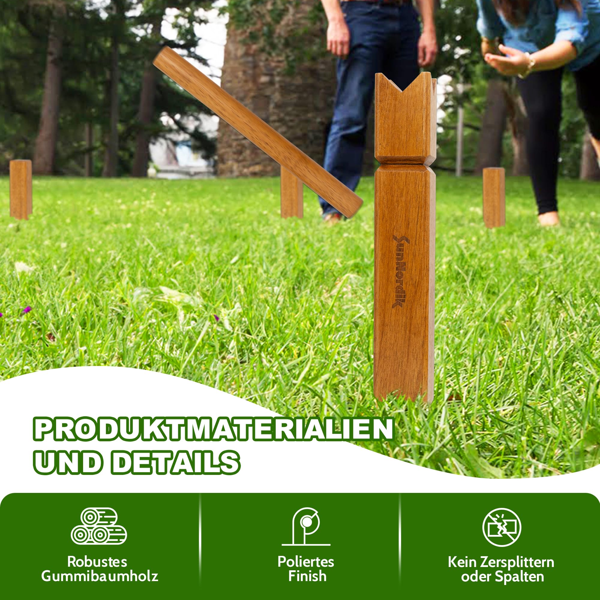 SunNordik Kubb Jeu d'échecs viking suédois en bois d'hévéa de qualité supérieure, avec sac de transport en toile et instructions de jeu (français non garanti), robuste, pour enfants et adultes