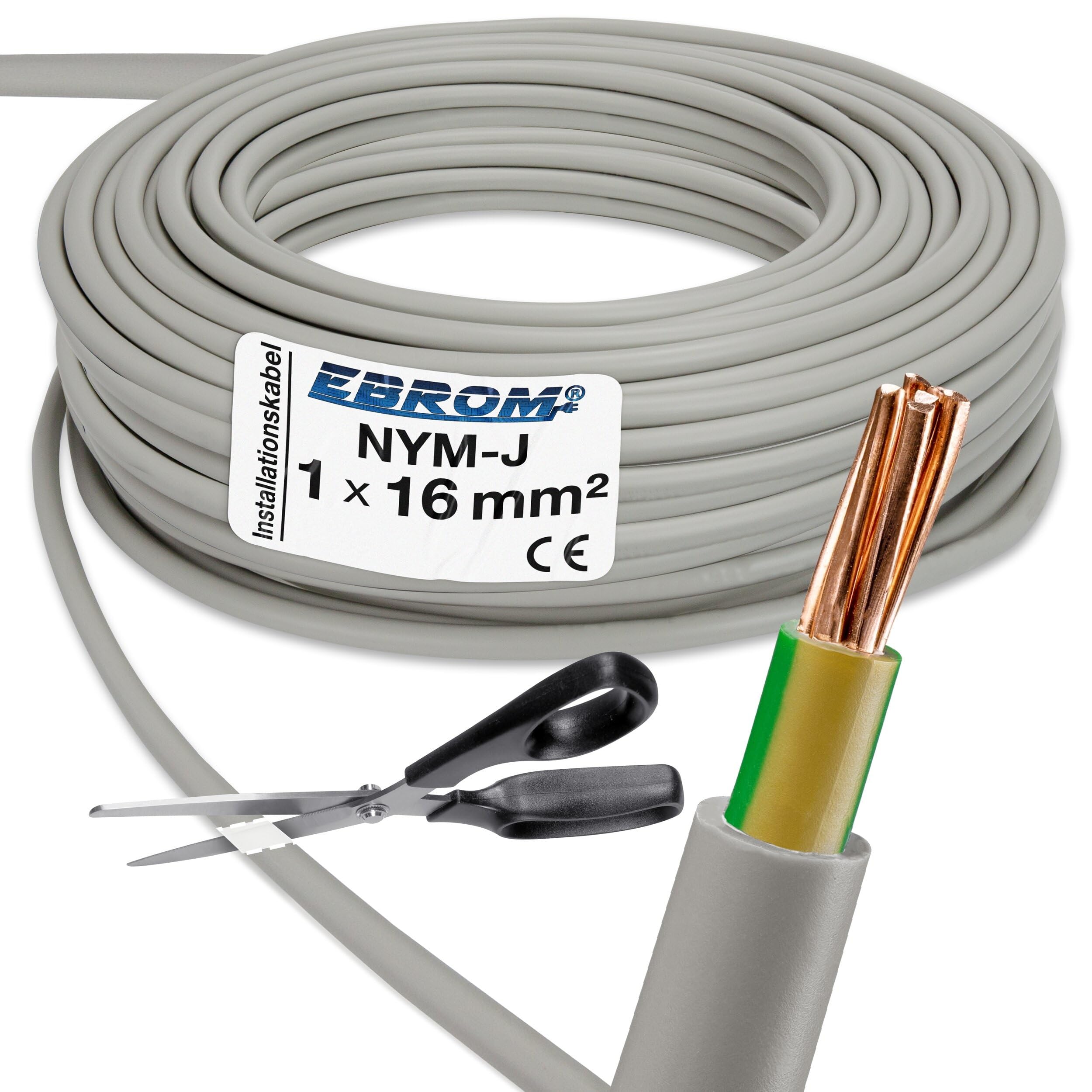EBROM NYM-J 1x16 mm² Mantelleitung, Erdungskabel in grau 16 mm2: 10 Meter | Ab 5 m bis 150 m - Erdungsleitung Installationsleitung Feuchtraumkabel für die feste Verlegung in trockenen + feuchten Räumen