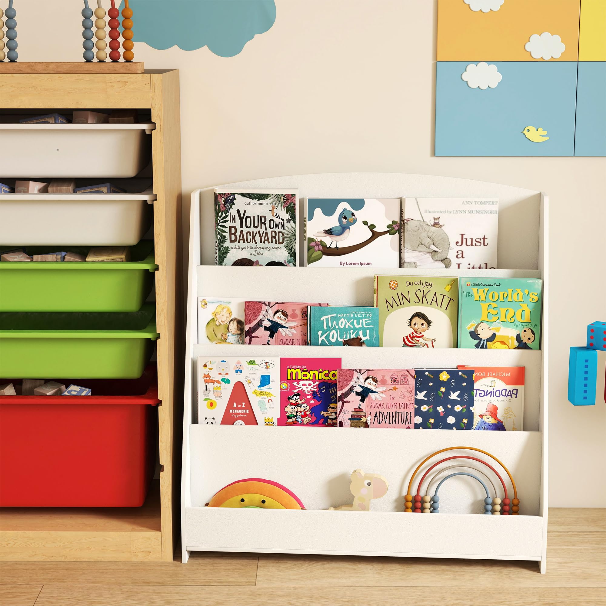4-stöckiges Kinderbücherregal aus Holz mit 4 Einlegeböden, bücherregal Kinder für Kinderzimmer Kindergärten, 80 × 30 × 88 cm, Natur