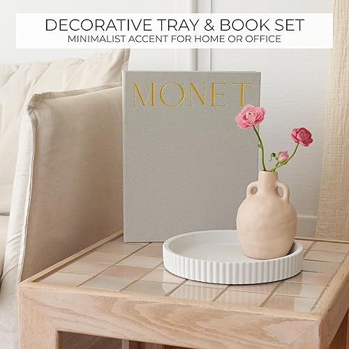 Miniatura 3 de Juego de bandeja decorativa de hormigón y decoración de libros - Bandeja con bordes ondulados y caja de lino para mejorar la decoración de tu mesa