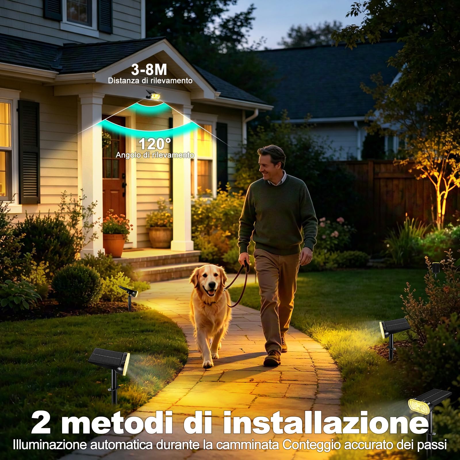 Faretti Solari LED da Esterno con Sensore di Movimento, 4 Pezzi Luci Solari da Giardino 3000K/4500K/6500K, 3 Modalità, Memoria, IP67 Impermeabile per Cortile Vialetto Prato Garage (4 Pezzi)
