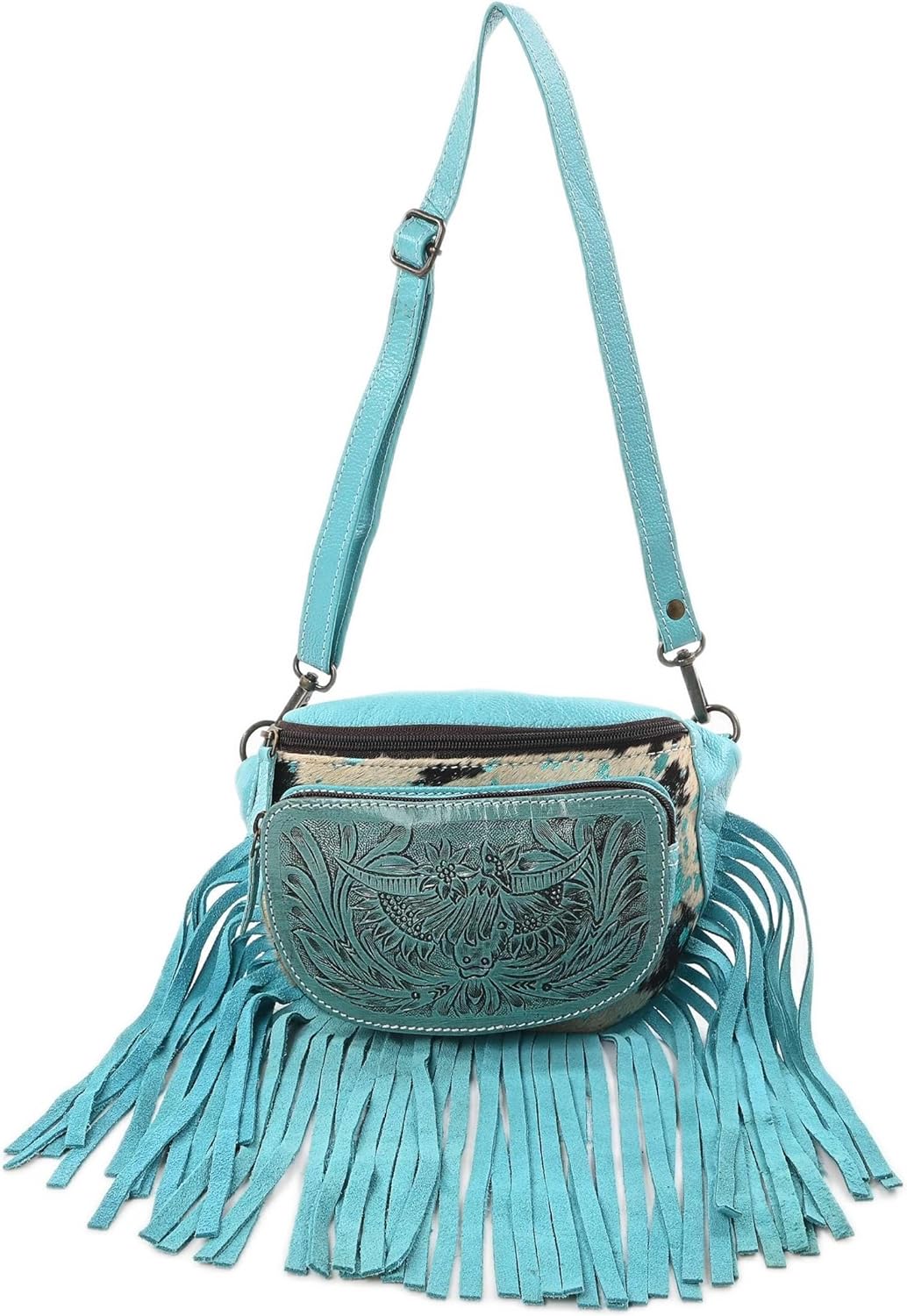 Merbaa Western Cowhide Leather Fringe Fanny Bag for Women – Handmade Tooled Leather Waist Pouch | Adjustable Strap | Suede Fringe Crossbody or Belt Bag for Rodeos, Festivals, Travel (Turquoise)