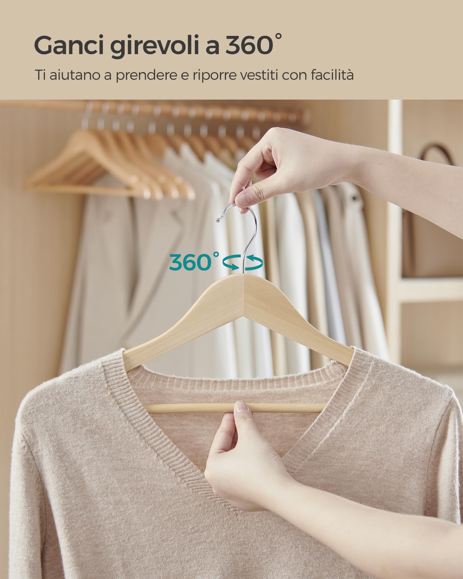 Set 48 Grucce In Legno SONGMICS - Appendiabiti Con Gancio Girevole E Barra Pantaloni, Beige - Foto 9