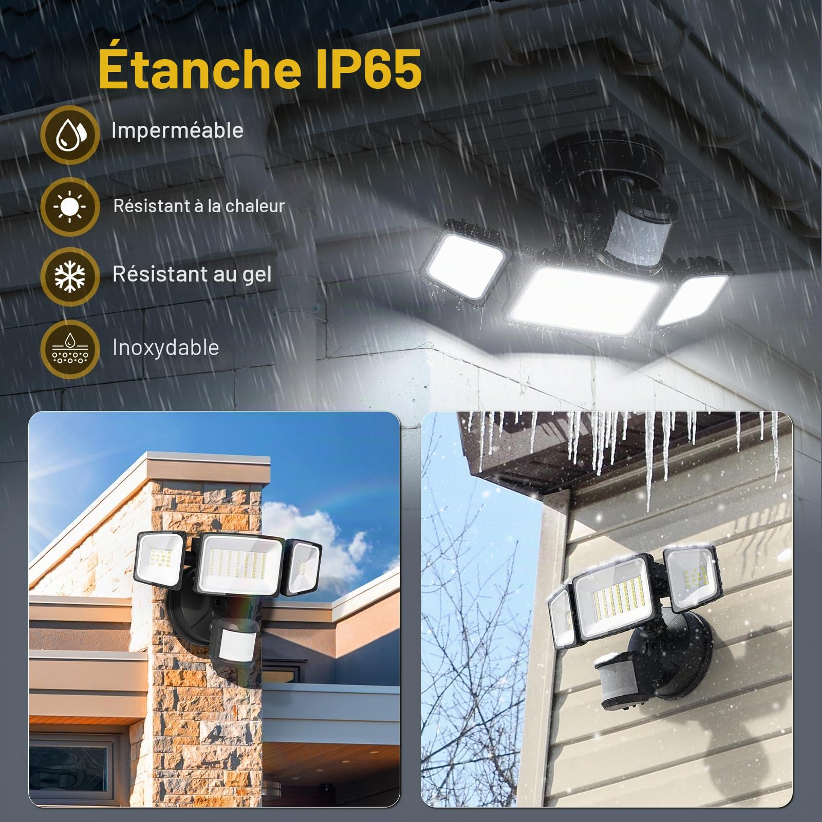 Onforu 42W Projecteur LED Détecteur de Movement, IP65 Etanche Spot Lampe 3 Tête, 6500 K Blanc Froid Éclairage de Sécurité Extérieur PIR pour Jardin, Cour, Entrée, Terrace