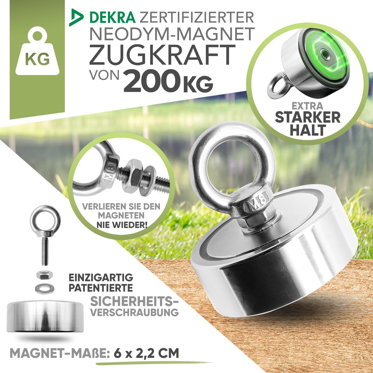 Jungle Monkey® Premium Magnetangel Set 200kg [Zugkraft DEKRA geprüft] Magnetfischen Komplettset inkl. 20m Seil + wasserfeste Handschuhe für Magnet fischen I Magnet angeln in Flüssen und Seen