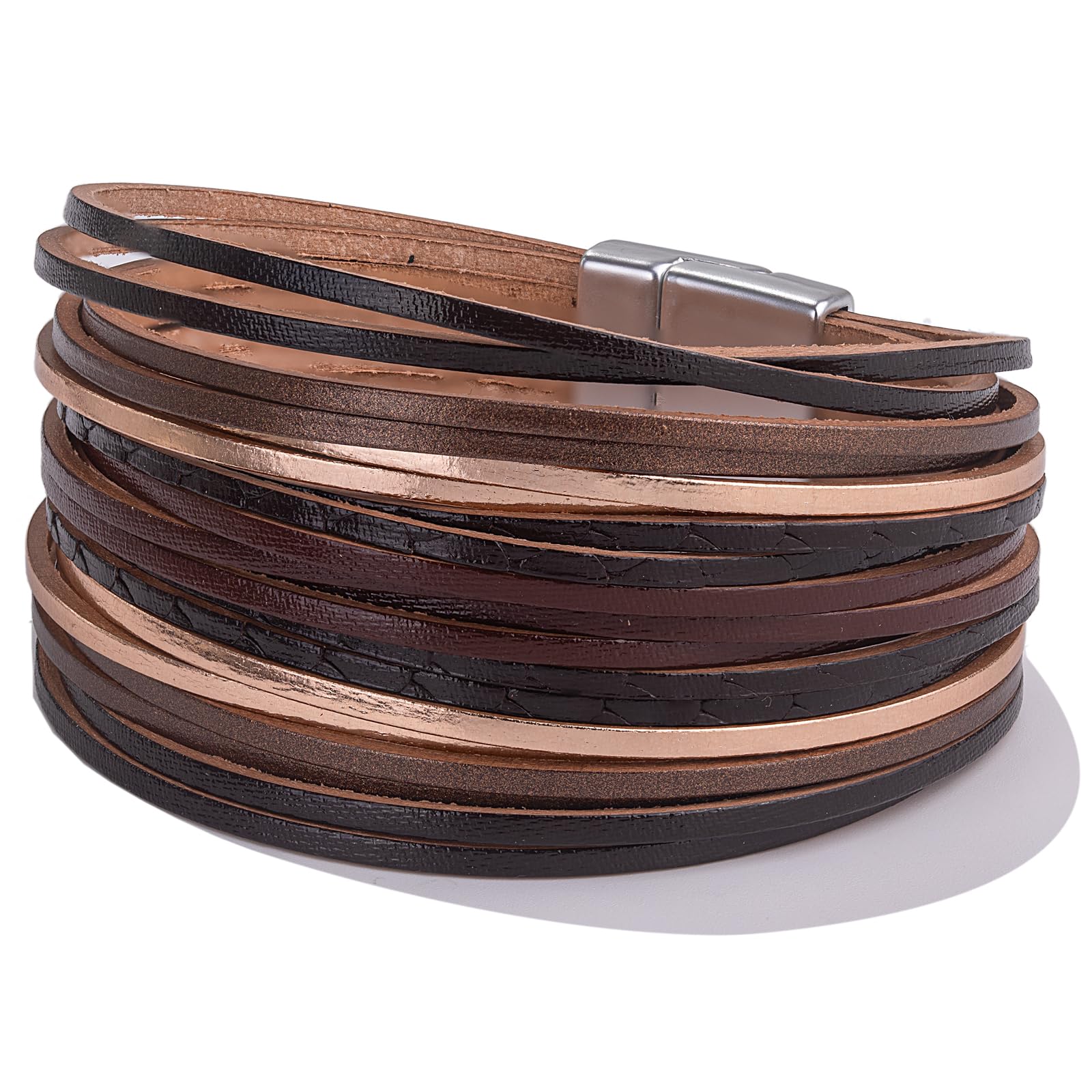 FANCY SHINY Boho Leather Wrap Bracelet Stackable Layered Bangle Cuff with Magnetic Clasp