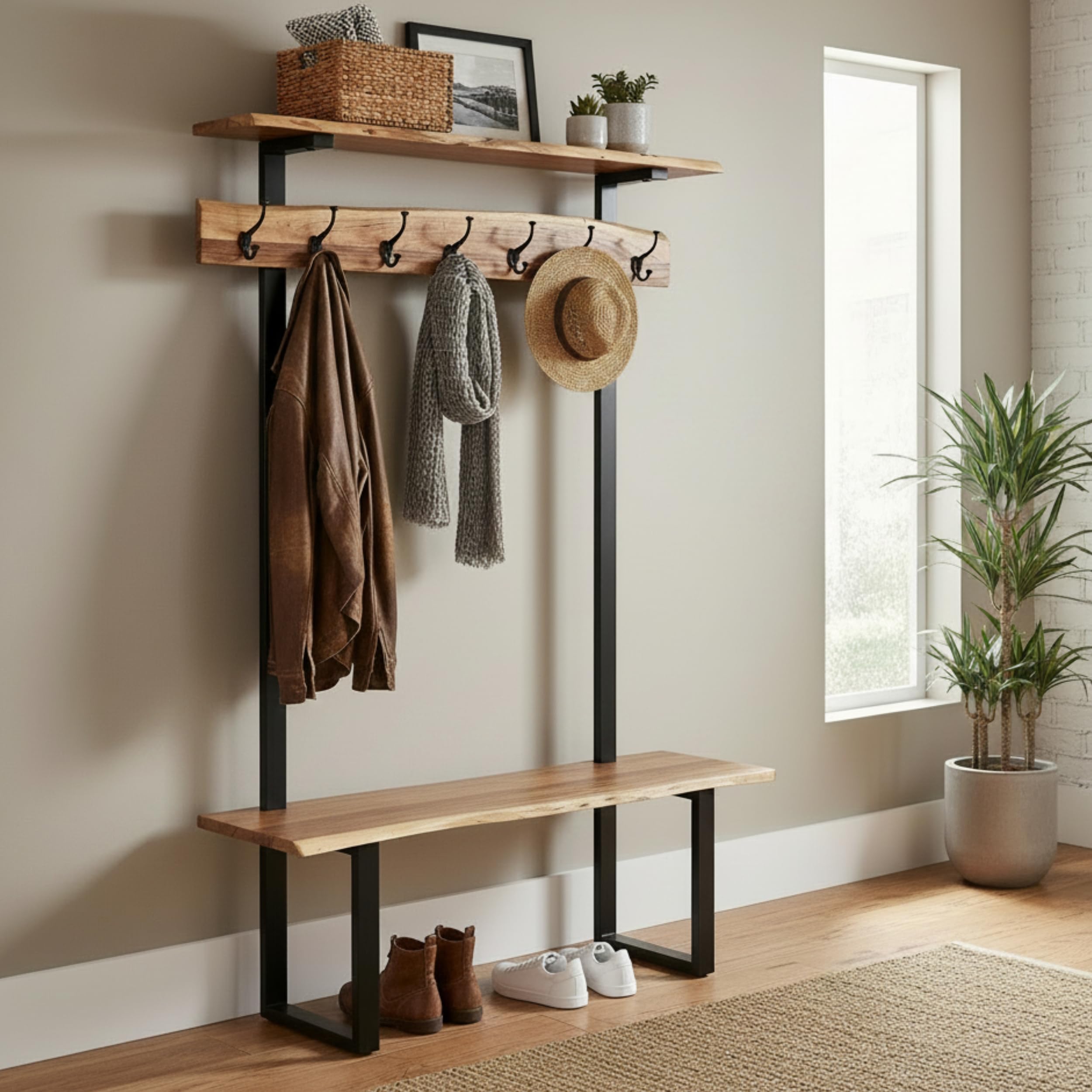 Photo 1 of Alpine Live Edge Hall Tree with Bench and Coat Rack – Modern Rustic 48-Inch Solid Wood Entryway Organizer with Shelf, 7 Double Coat Hooks, & Bench for Mudroom or Foyer by Alaterre Furniture (Natural)