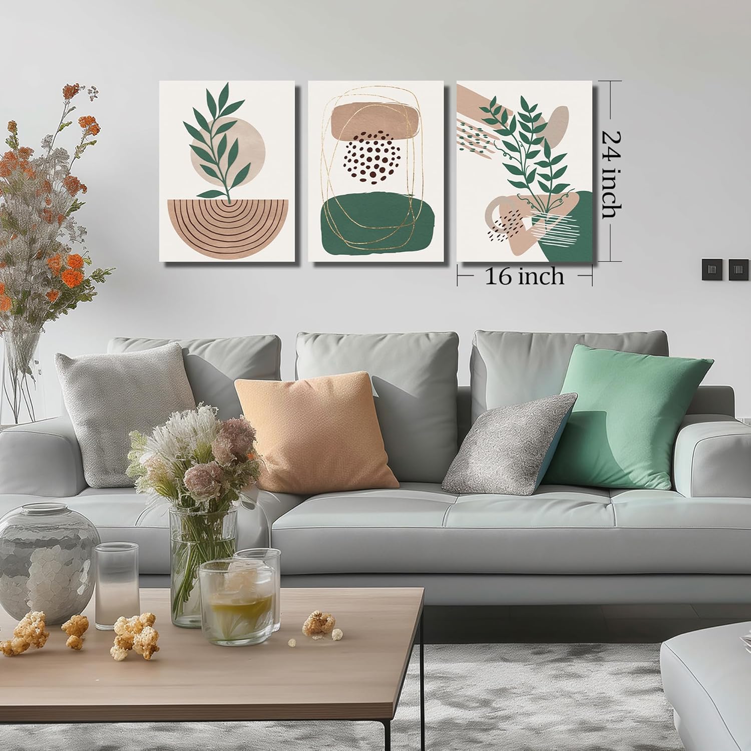DNIEOTU Boho Canvas Wall Art for Living Room, Minimalist Geometric Shapes Wall-Decor for Bedroom, Modern Botanical Picture Prints, Size 16 x 24 Inches 3-Pieces