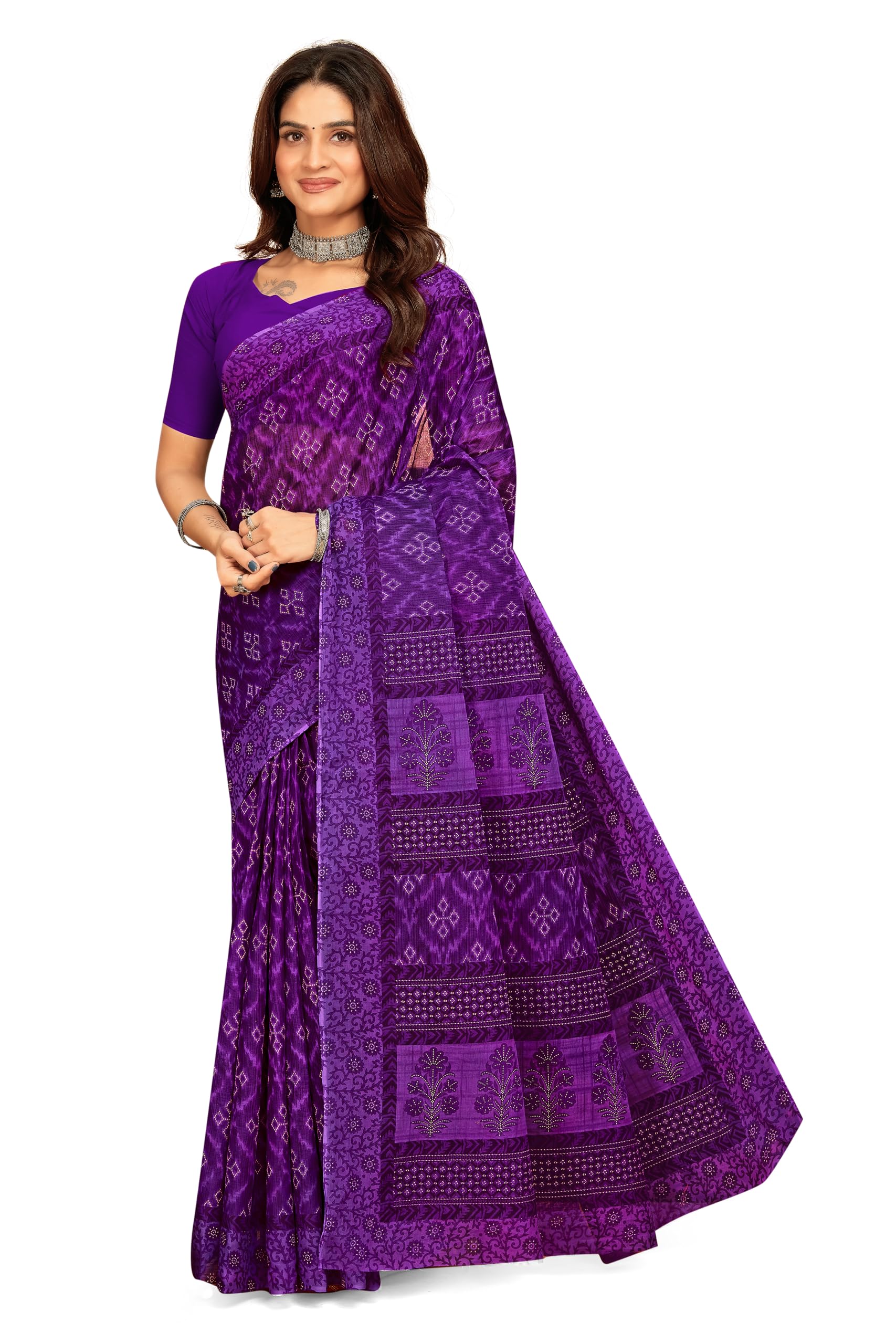 Tamaira Fashion Women's Ikkat Printed Pure Cotton Mulmul Saree Without Blouse Piece(11549_Purple)