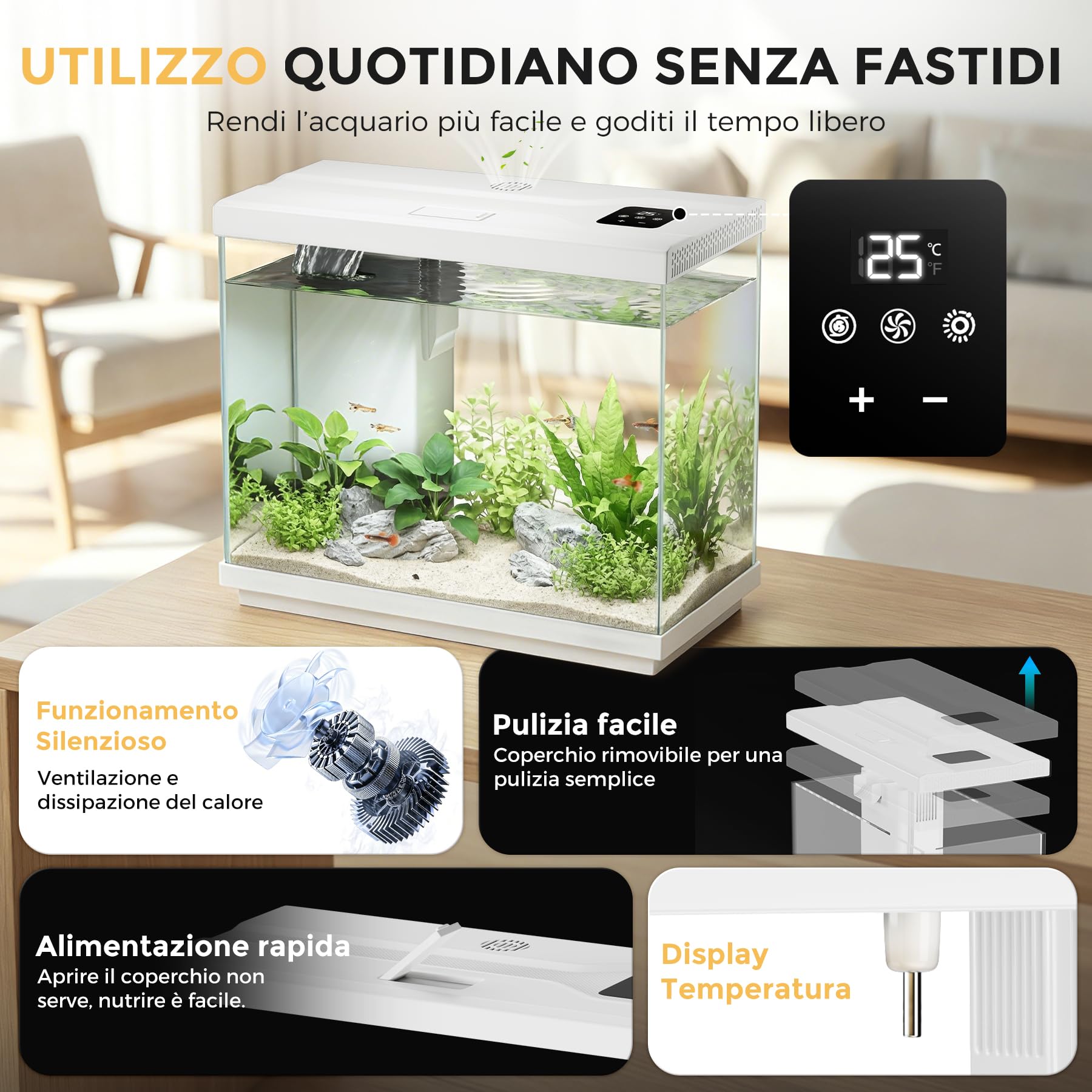 Acquario Completo 8,3 L, Acquario per Pesci Rossi Bianco | Filtro 4 in 1, pompa silenziosa, illuminazione LED a 8 colori, ventilatore, display temperatura, ideale per casa e ufficio