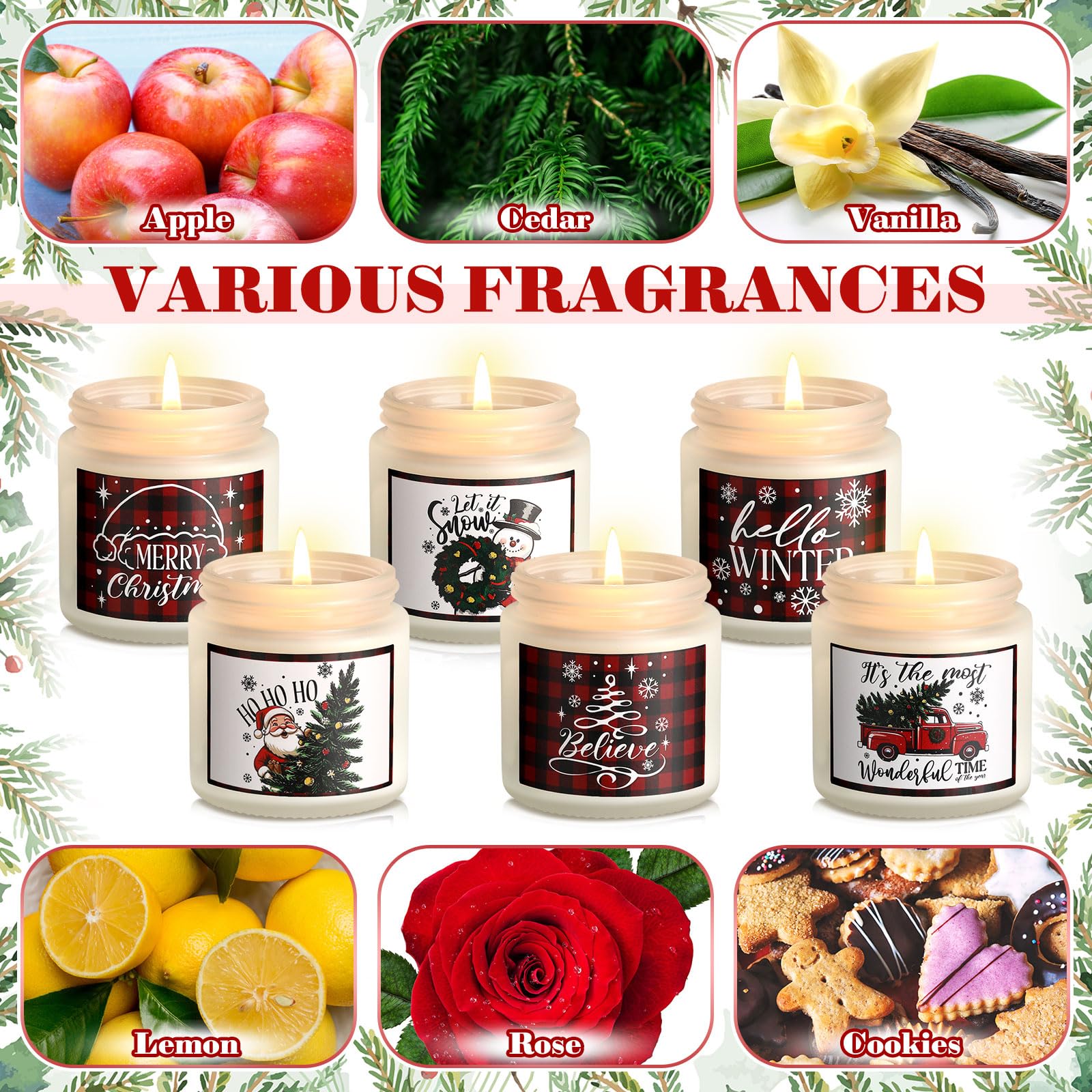 Conelist Lot de 6 bougies de Noël parfumées pour la maison, cadeaux de Noël pour femme, vacances d'hiver, pot de cire de soja naturelle, cadeaux d'aromathérapie, cadeaux pour femmes, hommes et adultes