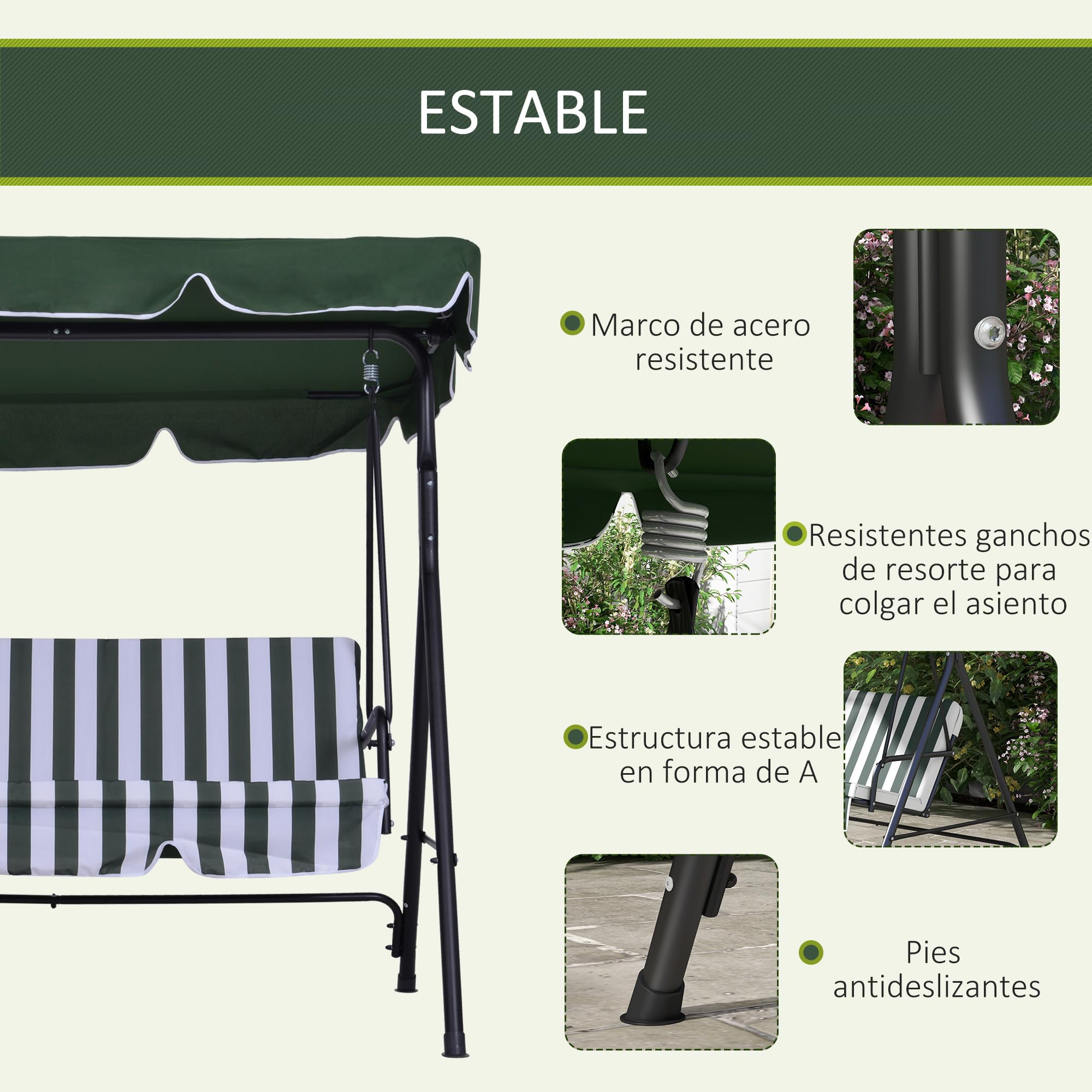 Outsunny Columpio de Jardín Exterior de 3 Plazas, Balancín de Jardín Exterior con Techo Ajustable y Marco de Acero, para Balcón, Terraza, Patio, Carga 200 kg, 172x110x153 cm, Verde