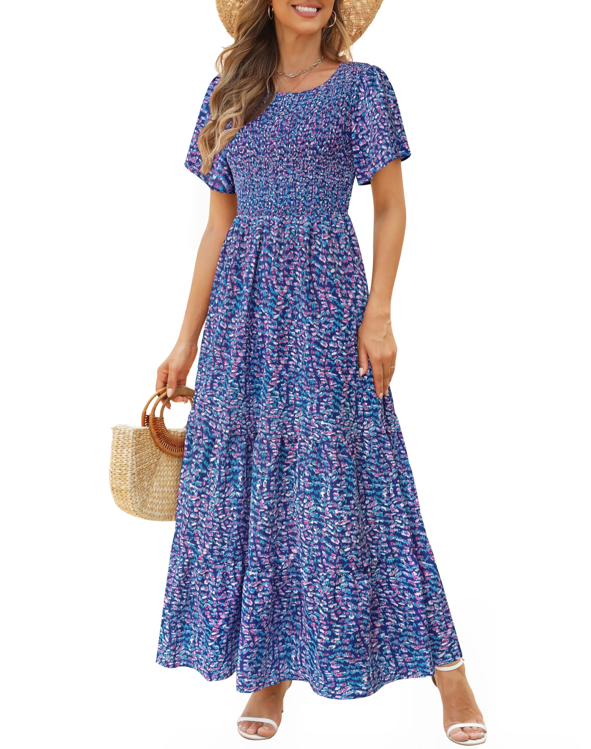 Kranda Women 2025 Summer Fall Crewneck Short Sleeve Smocked Floral Maxi Dress