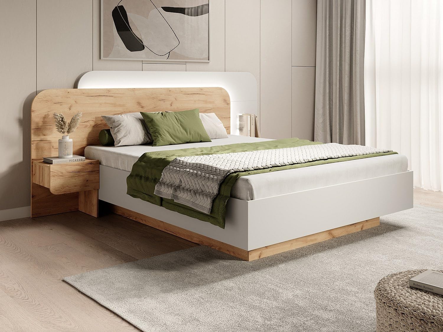 View of the DESADO bed frame showing one of the integrated nightstands with a pull-out drawer.