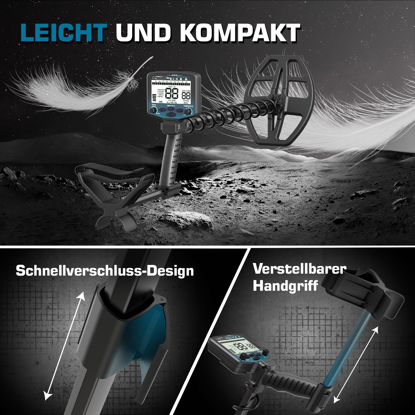 DR.ÖTEK Metalldetektor Profi Set für Erwachsene, Hochpräziser Metalldetektor mit Bodenausgleich, 5 Modi, 12" wasserdichte Double-D Spule, Gold Detektor für Strandjagd, mit Zubehör, Blau