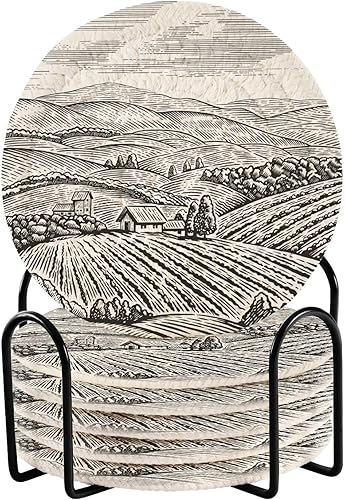 Coasters Absorbent with Holder Set of 6 Drink Coasters for Home Aesthetic Coasters Posavasos para Mesa Rural Landscape