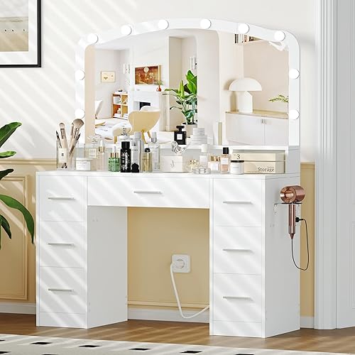 43.3“ Vanity Table with Large Mirror and 3 Color Adjustable Lights, Bedroom Makeup Vanity Desk with Charging Station & Rack, Makeup Dressing Table with 7 Drawers, White KES005WSZT