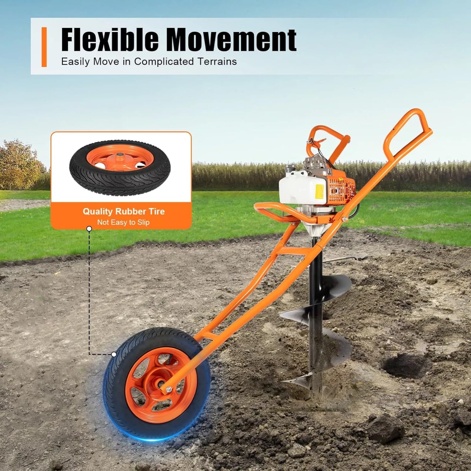 Post Hole Digger, 63CC 3HP 2-Stroke Gas Powered Earth Auger Borer Wheelbarrow Ground Drill with Earth Auger Drill and 11" Single Blade Bit for Fence Ground Drill Garden Tree Planting, Orange