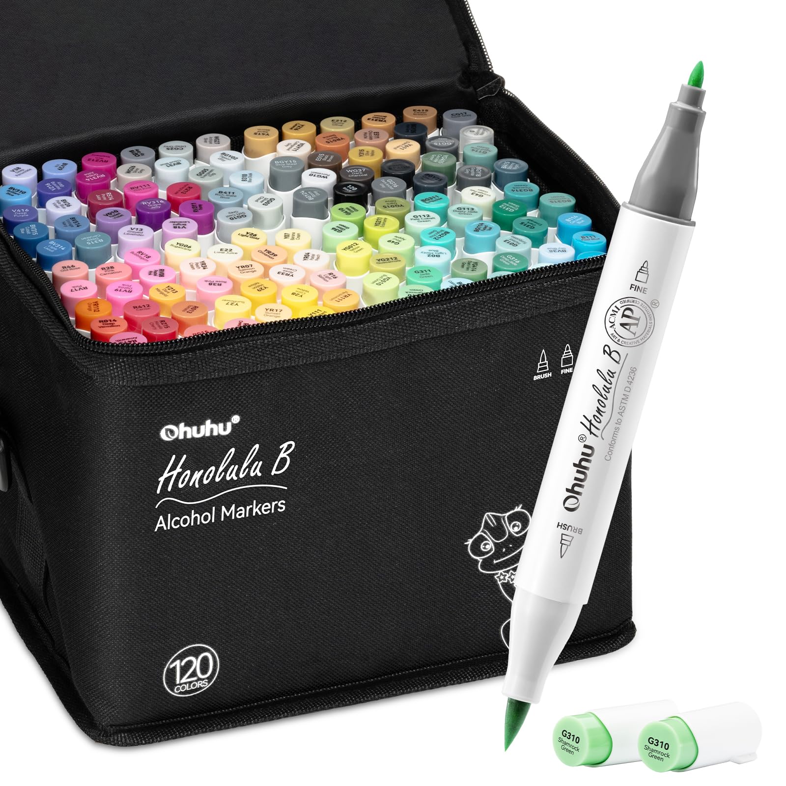 OhuhuAlcohol Brush Markers 120 Colours, Double Tipped (Brush & Fine Tip) Sketch for Artist Art Markers for Adult Coloring and Illustration, Bonus 1 Blender