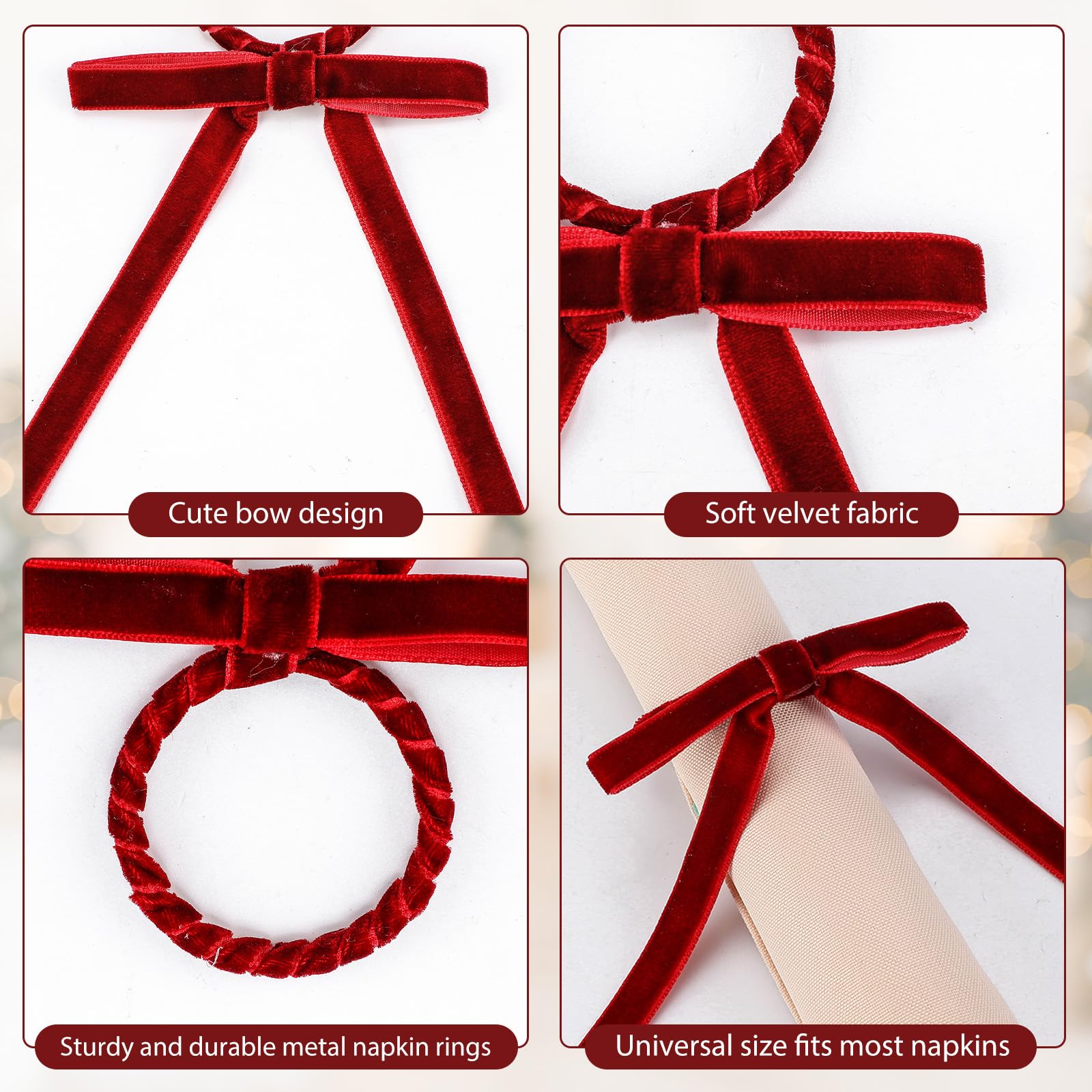 Set di 24 portatovaglioli di Natale, in velluto, per tavolo, regalo festivo, portatovaglioli, per Natale, compleanno, anniversario, matrimonio, decorazioni da tavola (rosso vinaccio)